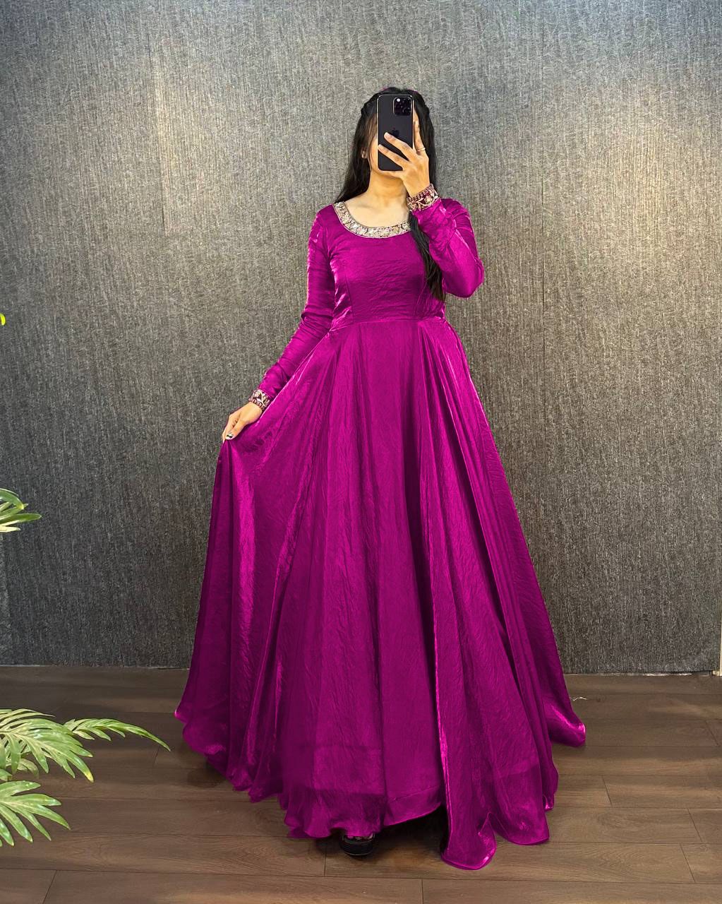 PRD00105 New Launching the most trending Beautiful Soft Chinon Embroidery Gown With umbrella flair