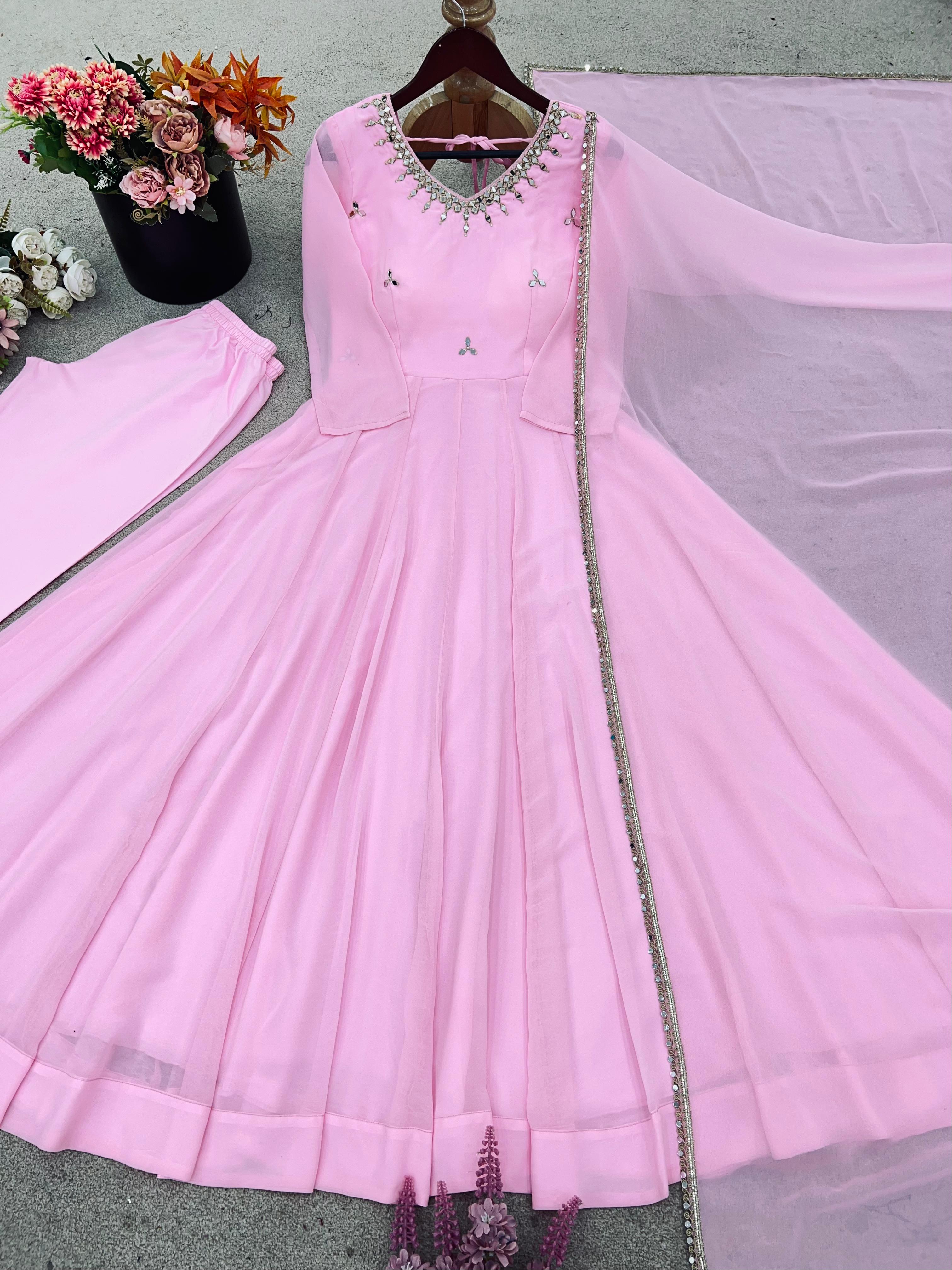 PRD00106  New Designer Collection In Faux Georgette With Embroidery Real Mirror Work Gown And Dupatta Set Fully Stitched Ready To Wear