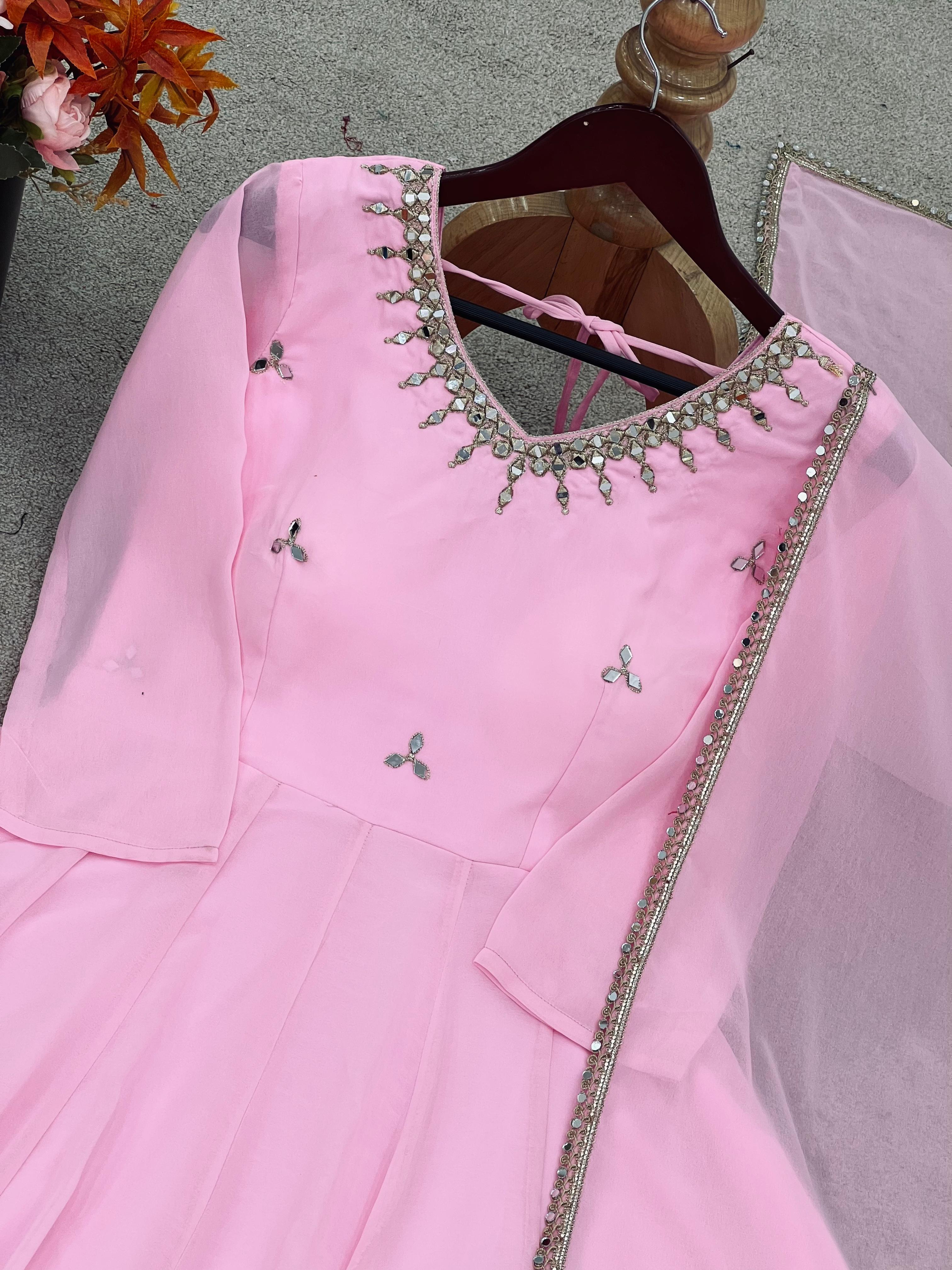 PRD00106  New Designer Collection In Faux Georgette With Embroidery Real Mirror Work Gown And Dupatta Set Fully Stitched Ready To Wear