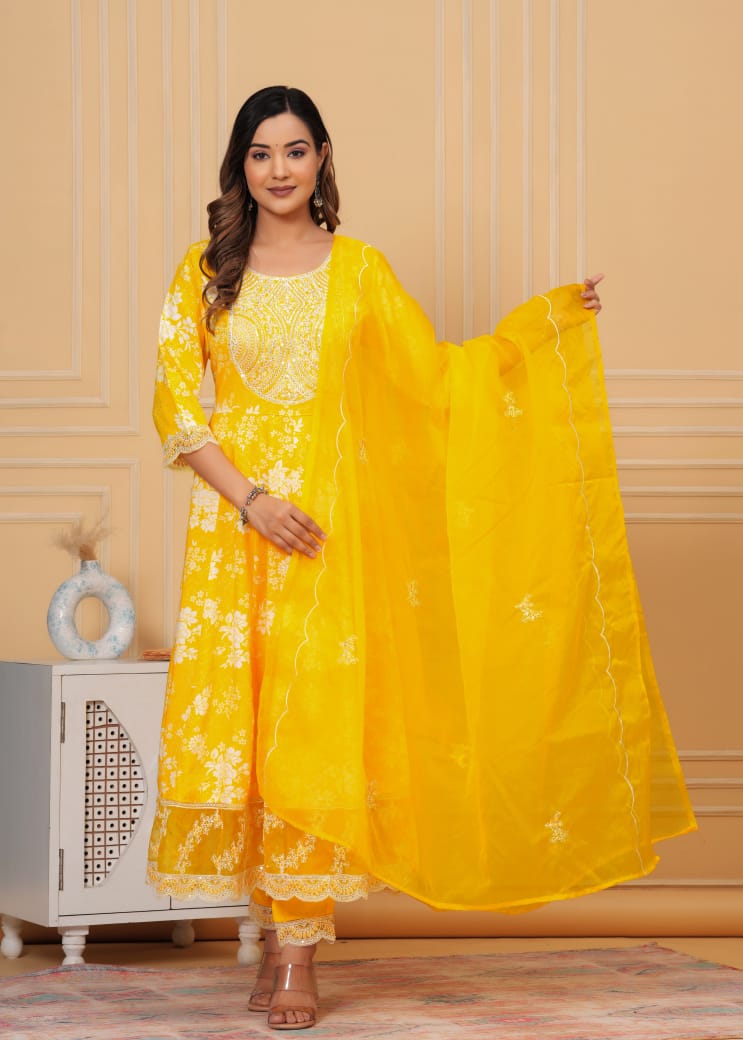 JKM0035 Beautiful Anarkali kurta with heavy embroidery work on yoke along with pants with dupatta