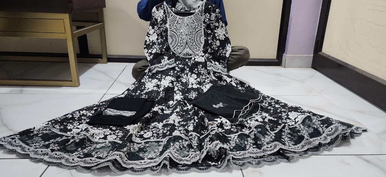 JKM0035 Beautiful Anarkali kurta with heavy embroidery work on yoke along with pants with dupatta