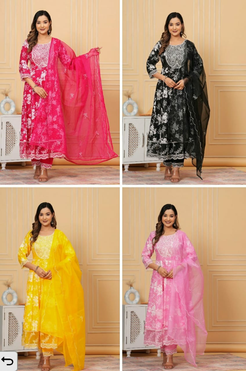 JKM0035 Beautiful Anarkali kurta with heavy embroidery work on yoke along with pants with dupatta