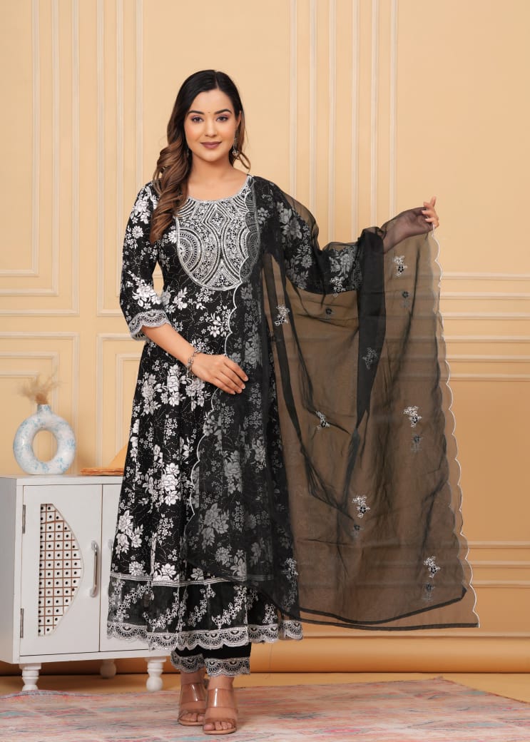 JKM0035 Beautiful Anarkali kurta with heavy embroidery work on yoke along with pants with dupatta
