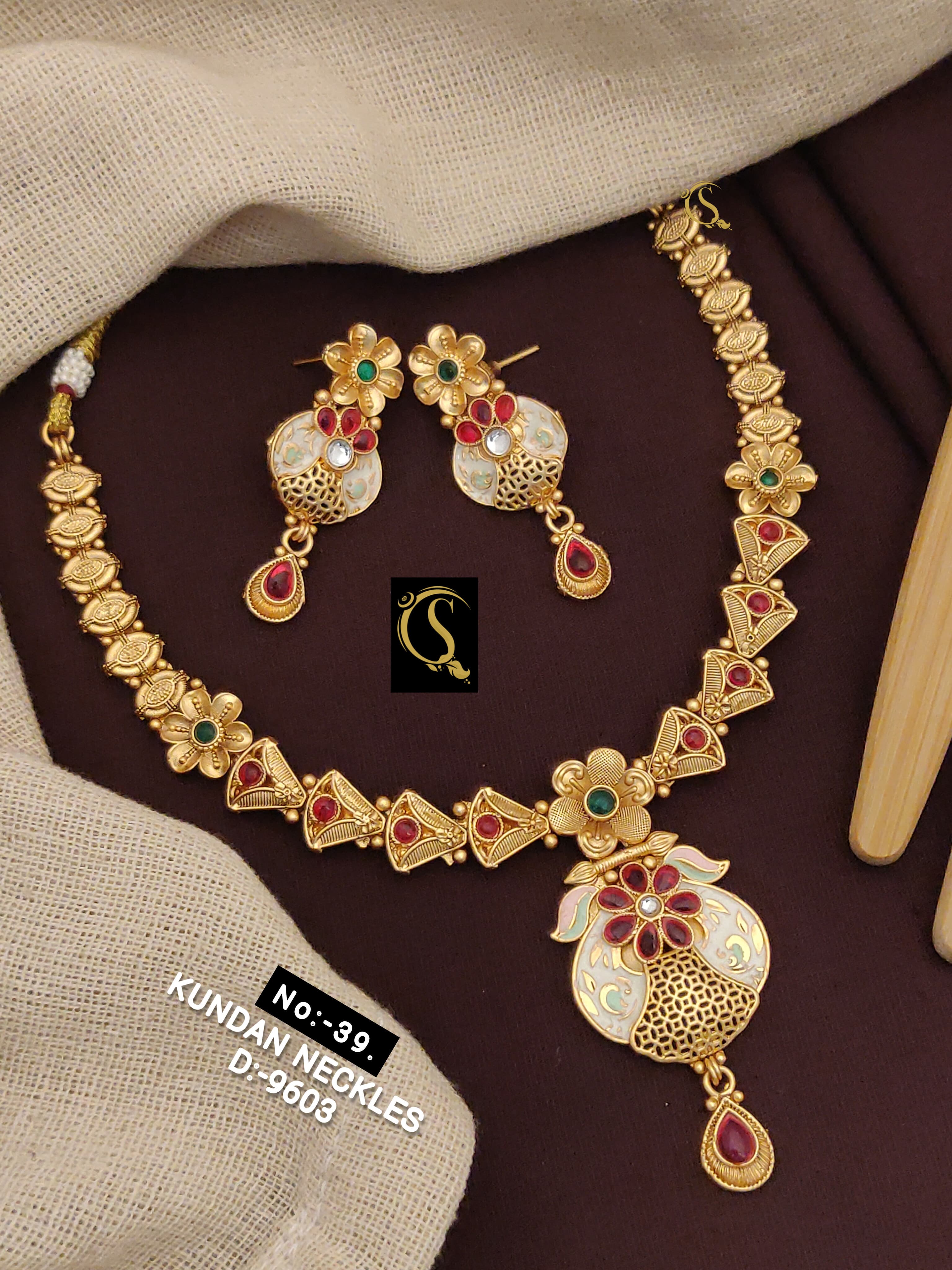 SI0015 ANTIQUE GOLD PLEATED KUNDAN MINA NECKLACE SET WITH EARRINGS