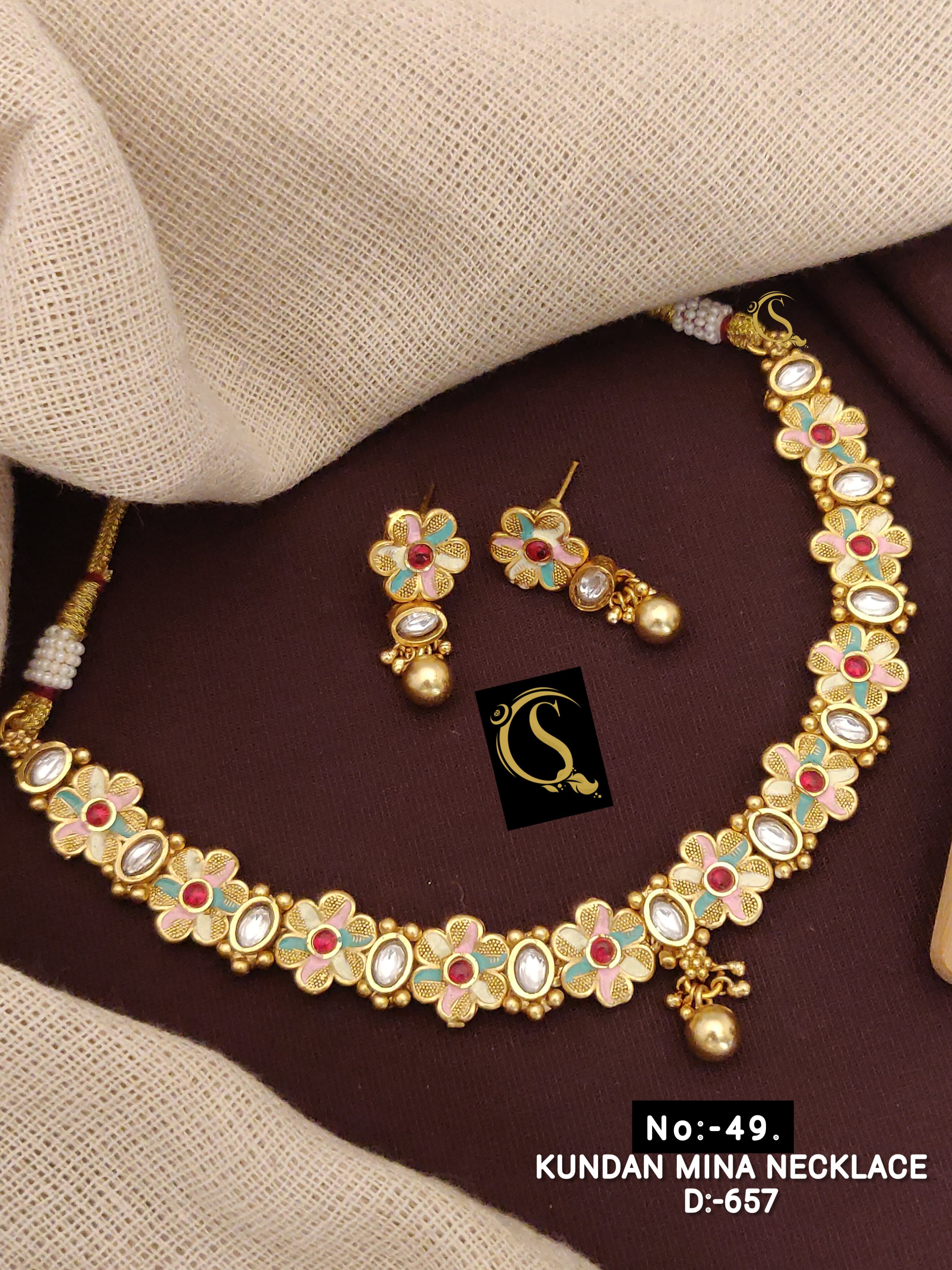 SI0015 ANTIQUE GOLD PLEATED KUNDAN MINA NECKLACE SET WITH EARRINGS