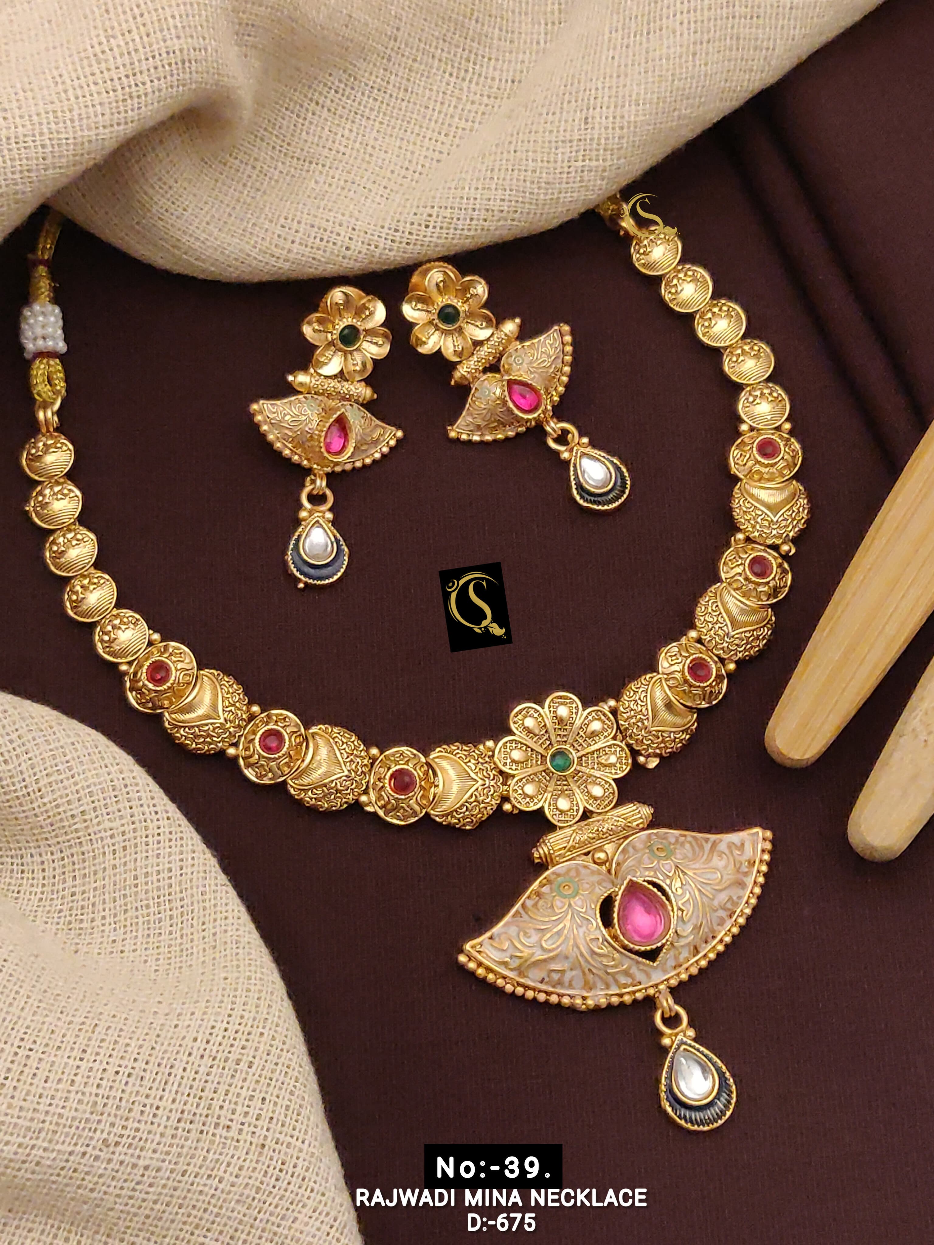 SI0015 ANTIQUE GOLD PLEATED KUNDAN MINA NECKLACE SET WITH EARRINGS