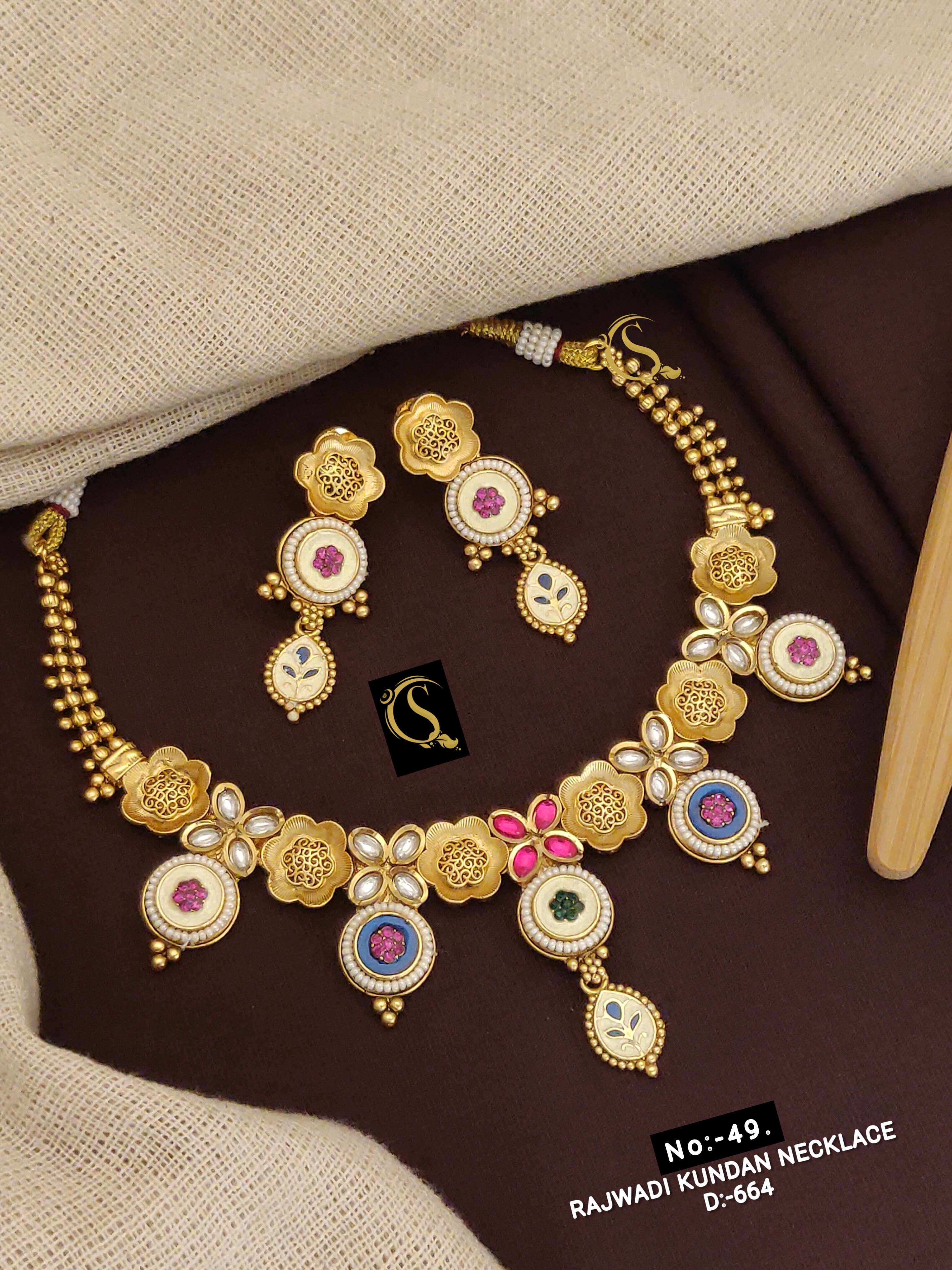 SI0015 ANTIQUE GOLD PLEATED KUNDAN MINA NECKLACE SET WITH EARRINGS