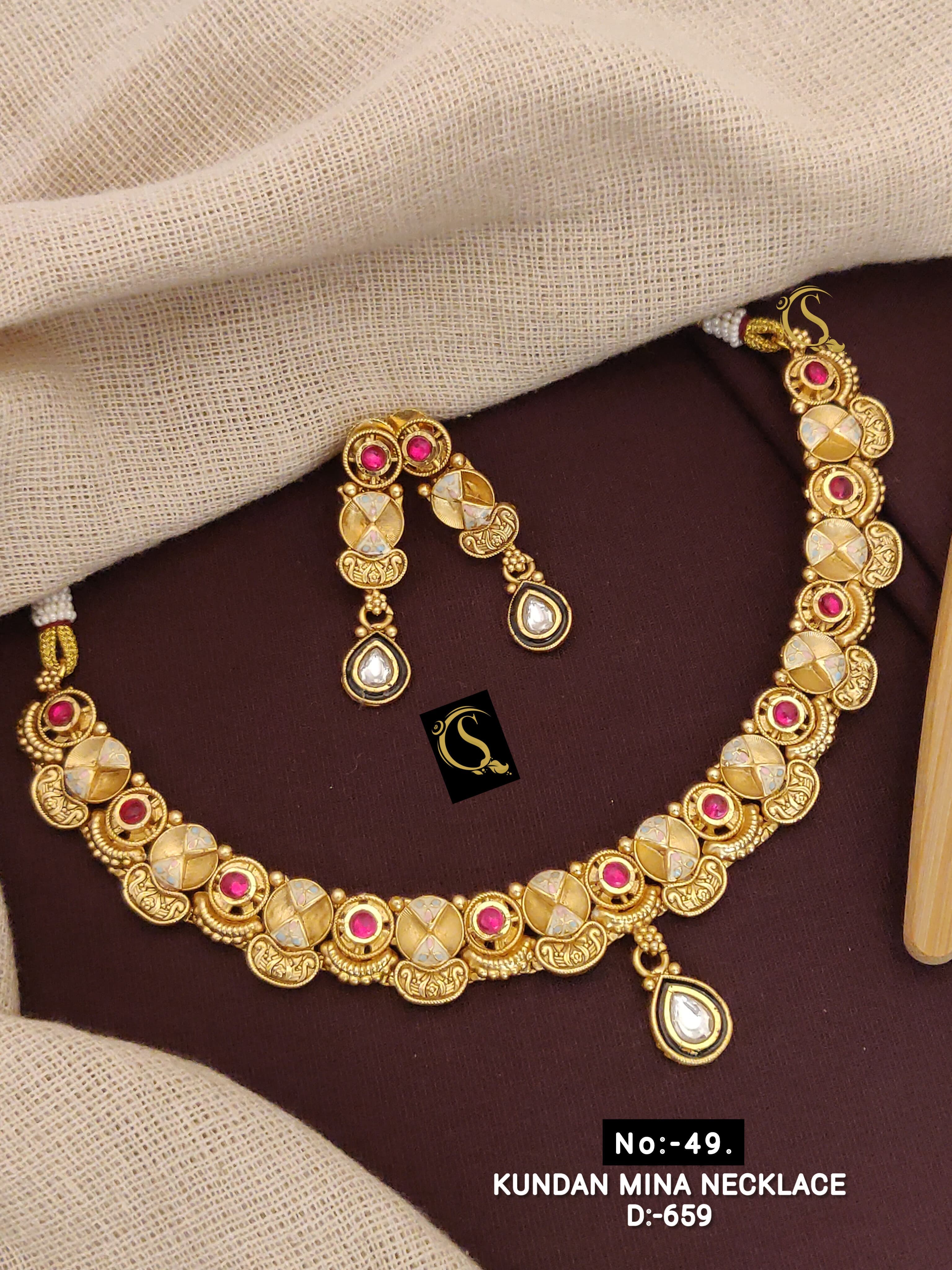 SI0015 ANTIQUE GOLD PLEATED KUNDAN MINA NECKLACE SET WITH EARRINGS