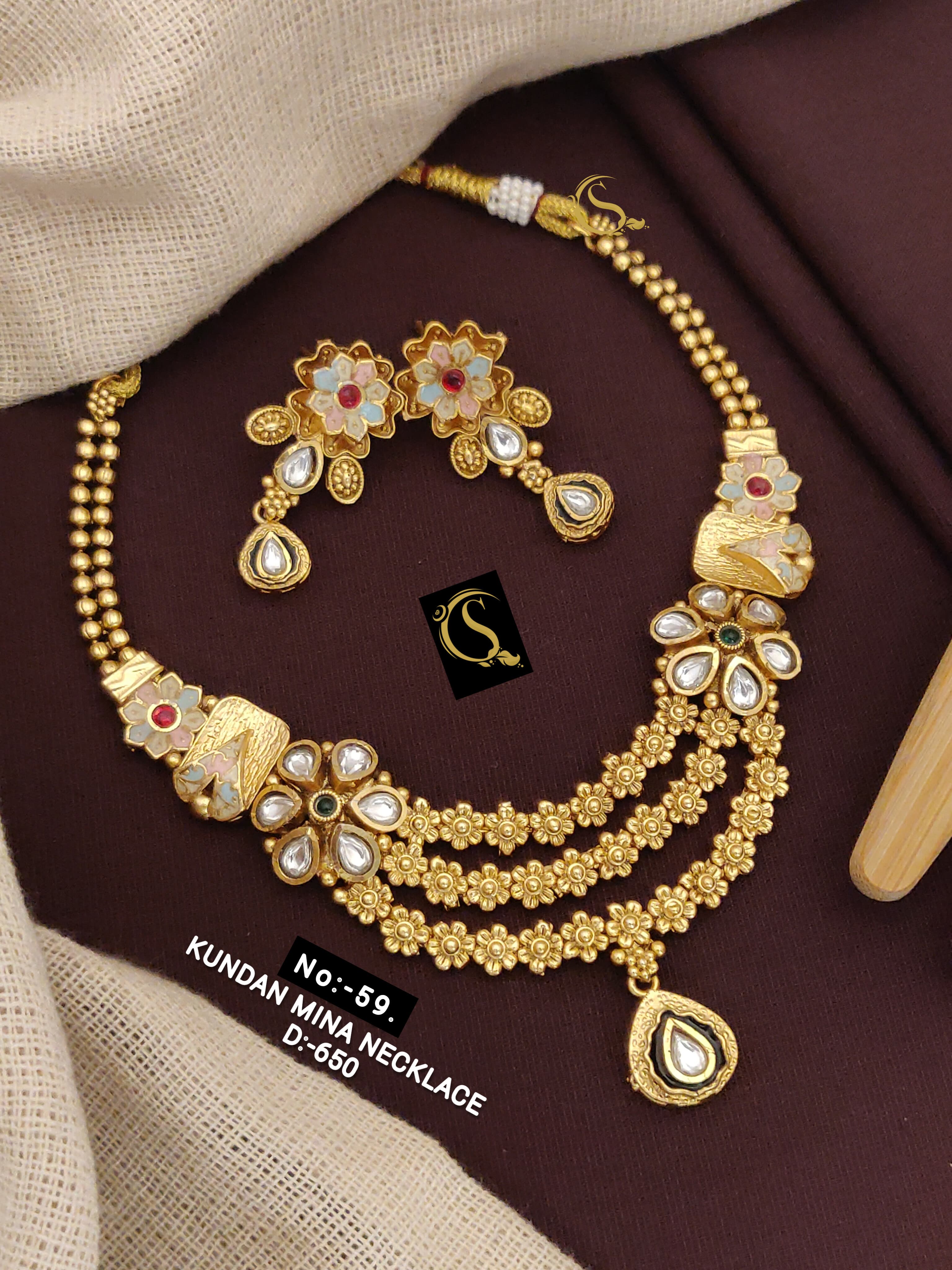 SI0015 ANTIQUE GOLD PLEATED KUNDAN MINA NECKLACE SET WITH EARRINGS