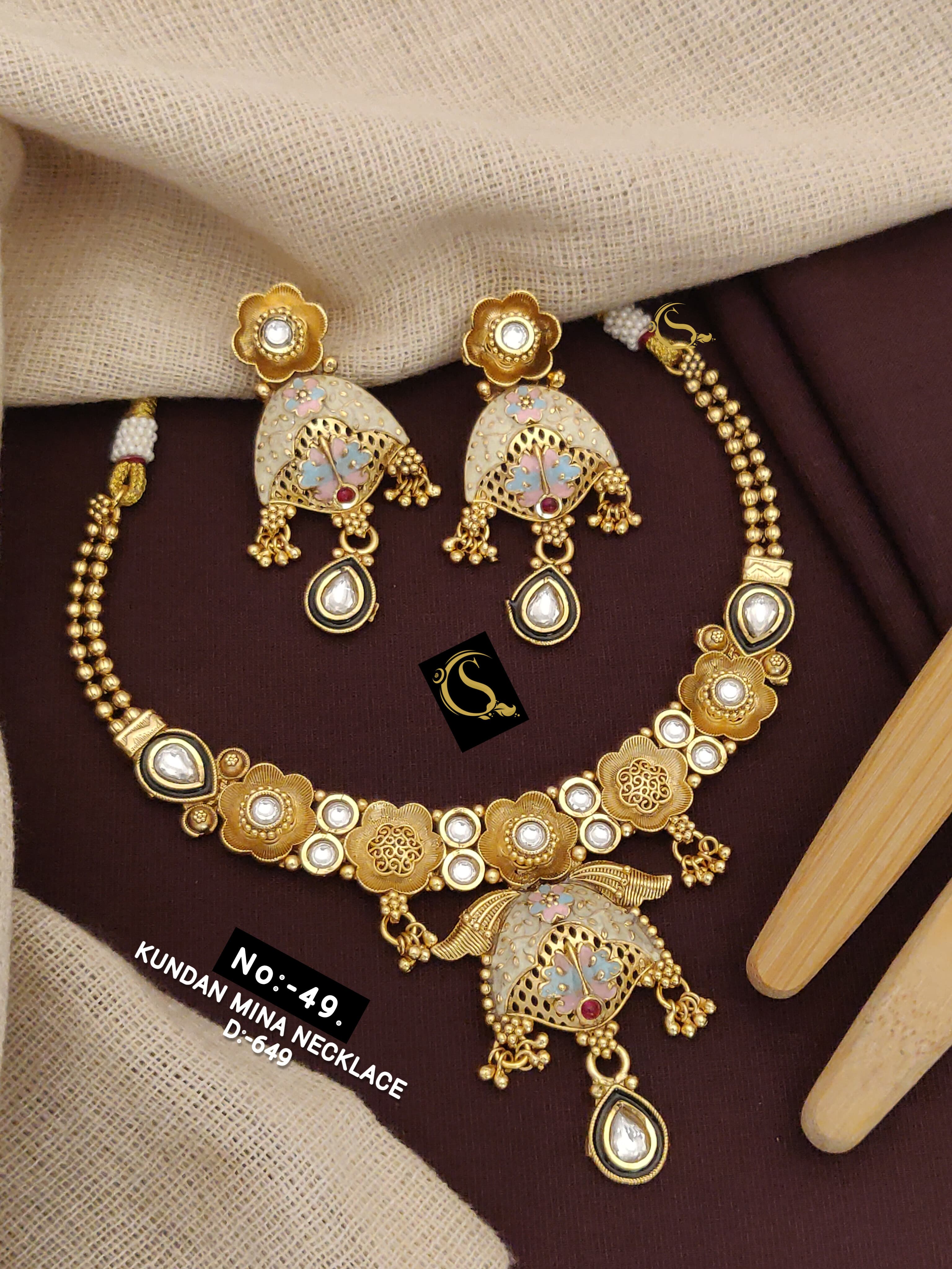 SI0015 ANTIQUE GOLD PLEATED KUNDAN MINA NECKLACE SET WITH EARRINGS