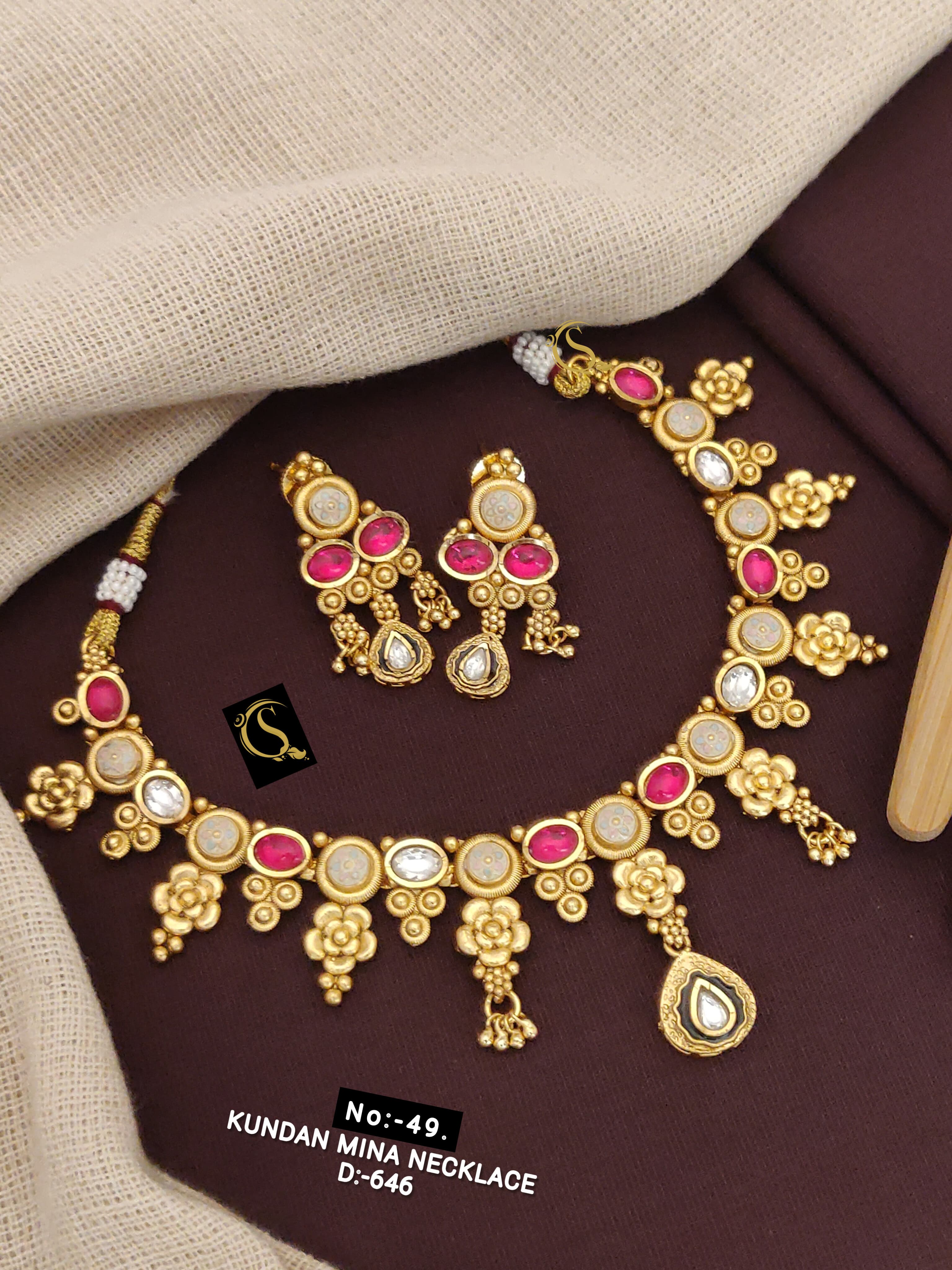 SI0015 ANTIQUE GOLD PLEATED RAJWADI MINA NECKLACE SET WITH EARRINGS