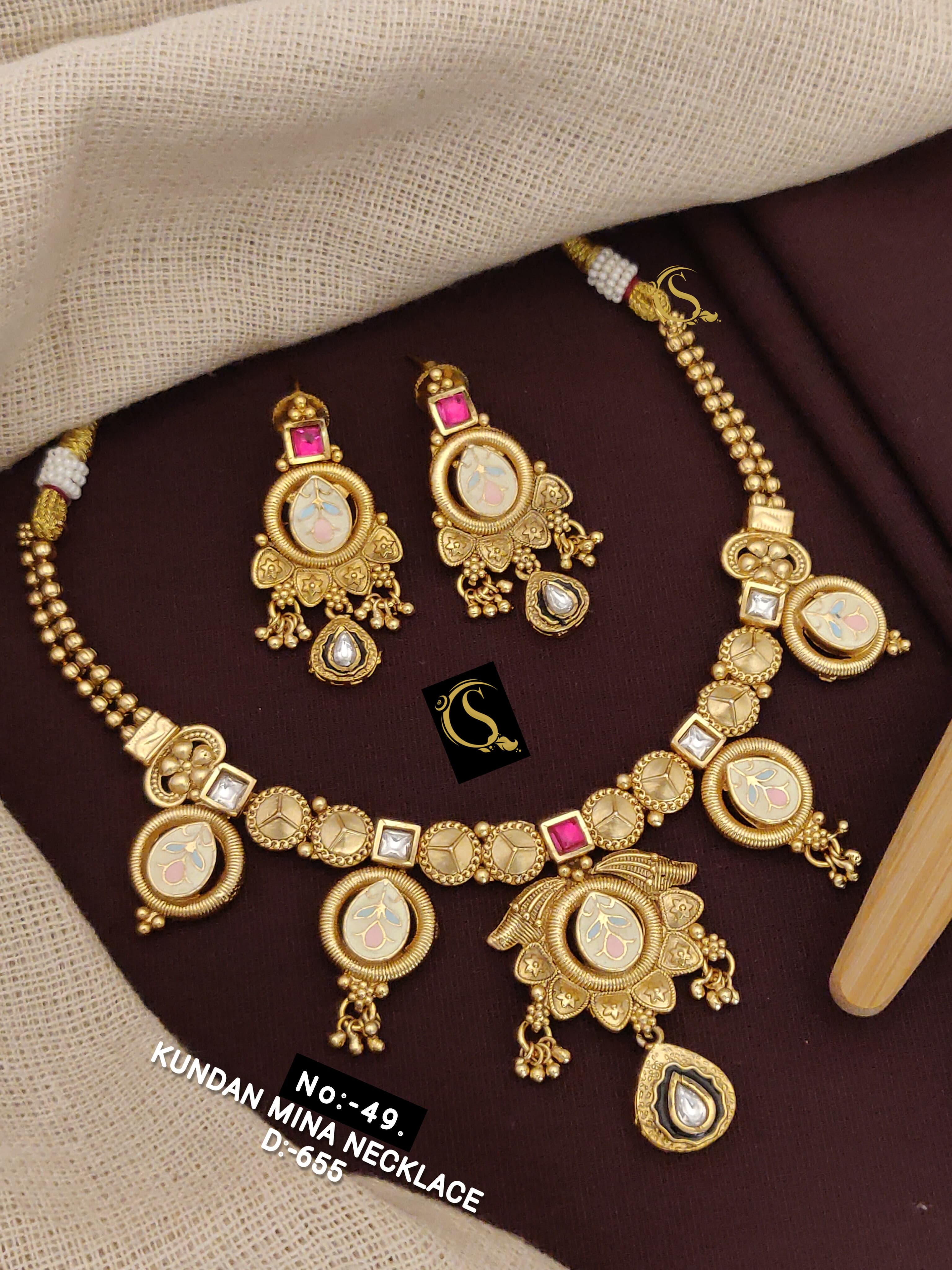 SI0015 ANTIQUE GOLD PLEATED KUNDAN MINA NECKLACE SET WITH EARRINGS