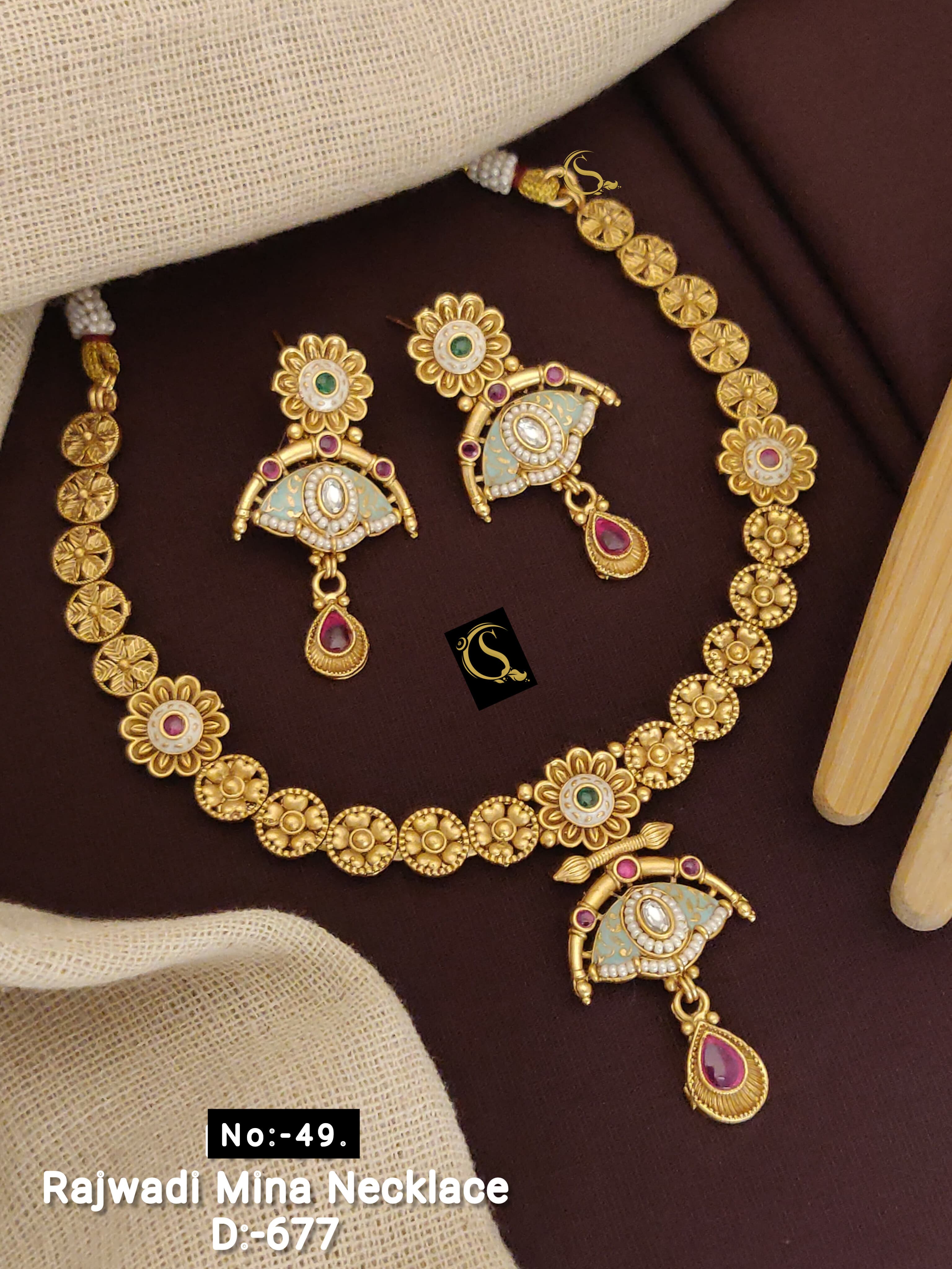SI0015 ANTIQUE GOLD PLEATED RAJWADI MINA NECKLACE SET WITH EARRINGS
