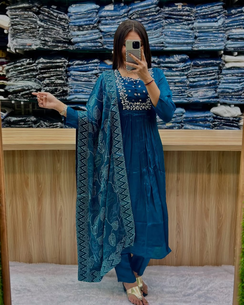 JKM0043  Pure Cotton 60-60 super dyeing kurta with beautiful emb neck yoke & cotton pant with  full Chanderi digital print dupatta.