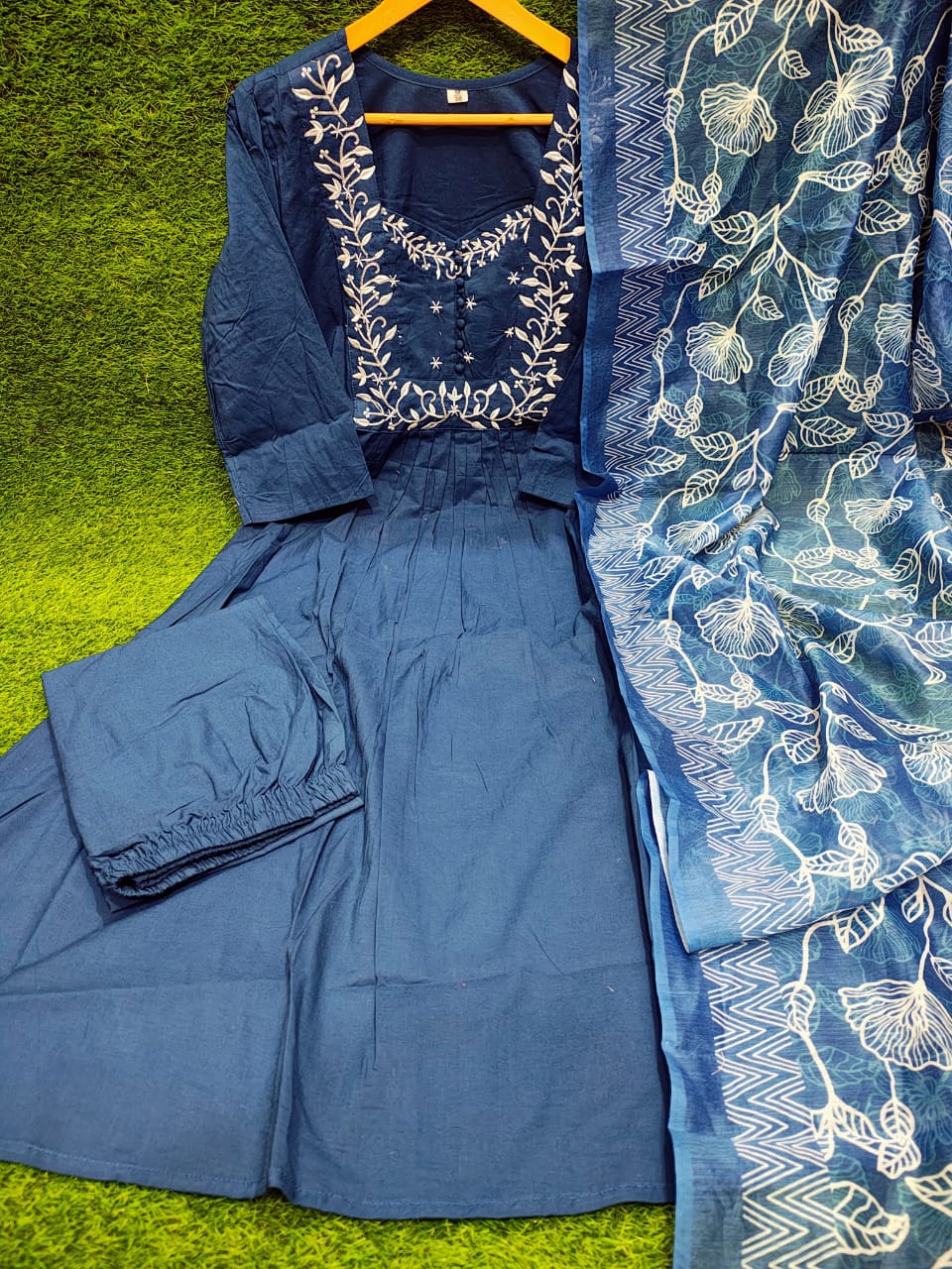 JKM0043  Pure Cotton 60-60 super dyeing kurta with beautiful emb neck yoke & cotton pant with  full Chanderi digital print dupatta.