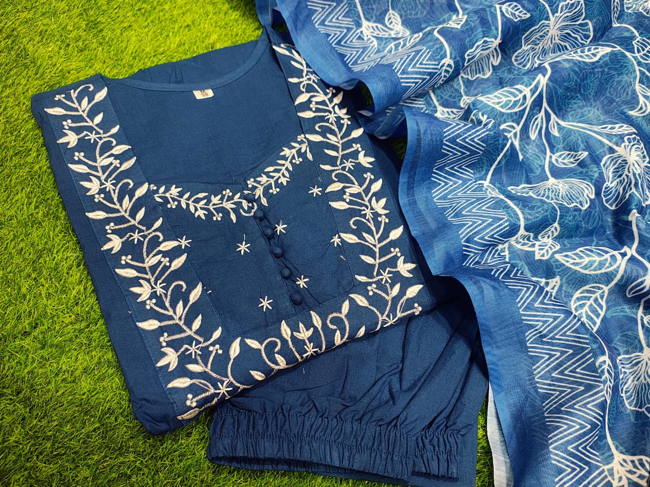 JKM0043  Pure Cotton 60-60 super dyeing kurta with beautiful emb neck yoke & cotton pant with  full Chanderi digital print dupatta.