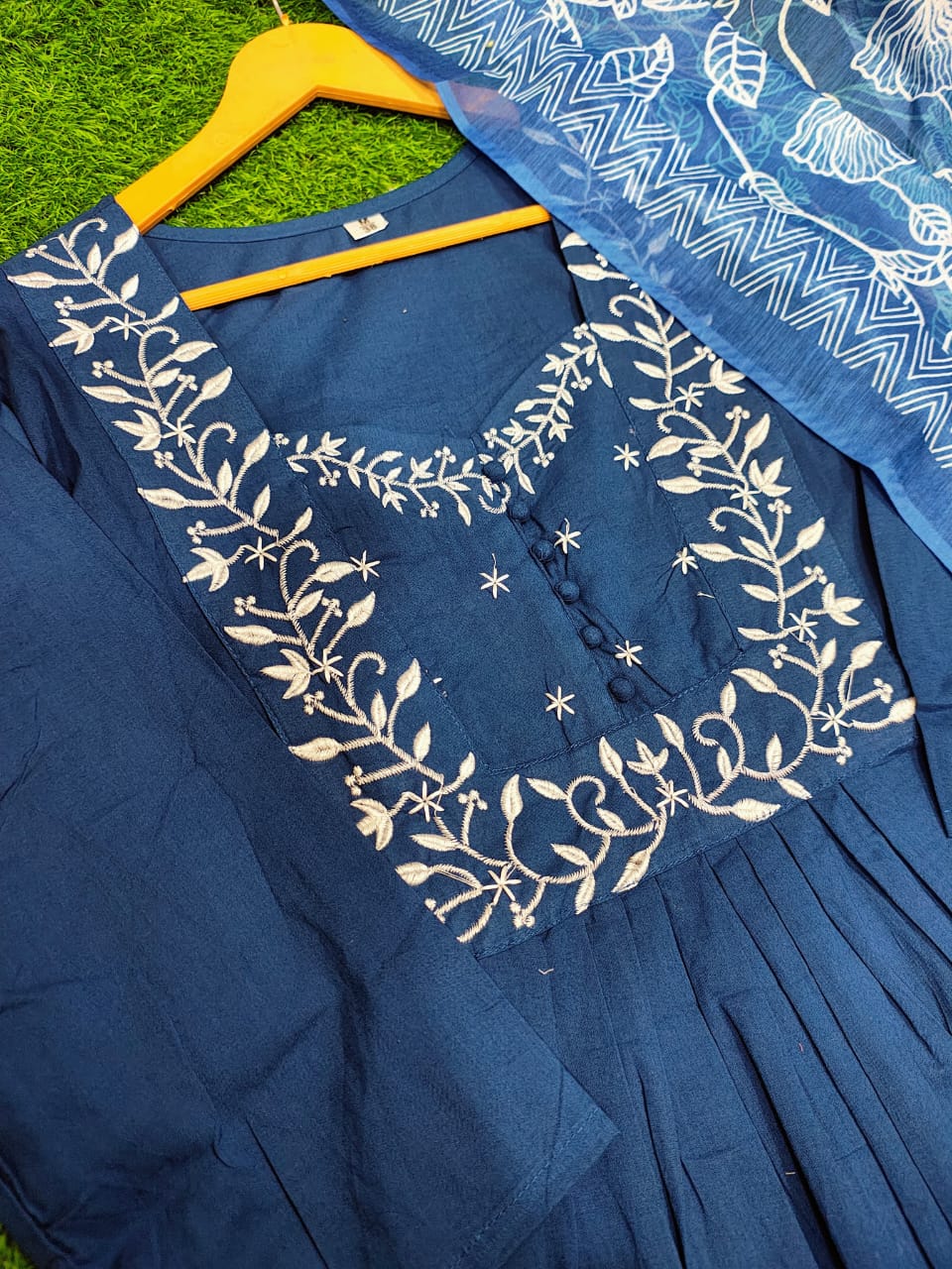 JKM0043  Pure Cotton 60-60 super dyeing kurta with beautiful emb neck yoke & cotton pant with  full Chanderi digital print dupatta.