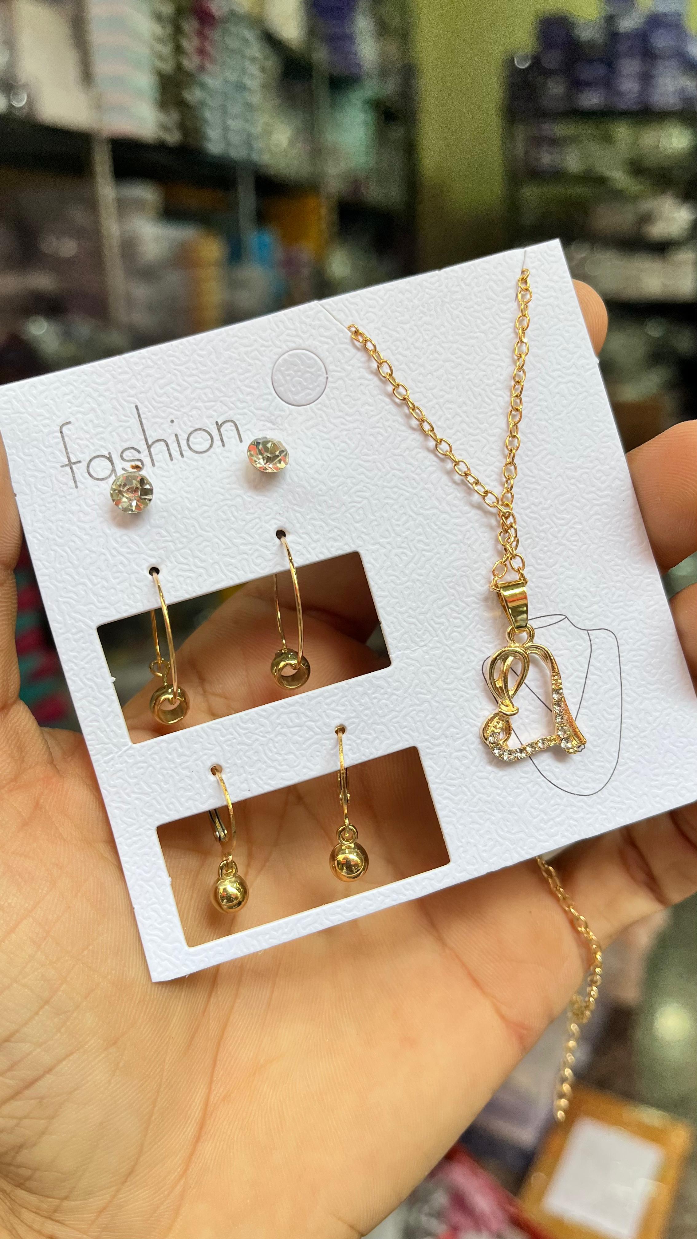 MFJH GOLDEN & STONE CHAIN PENDENT WITH 3 SET EARRINGS COMBO