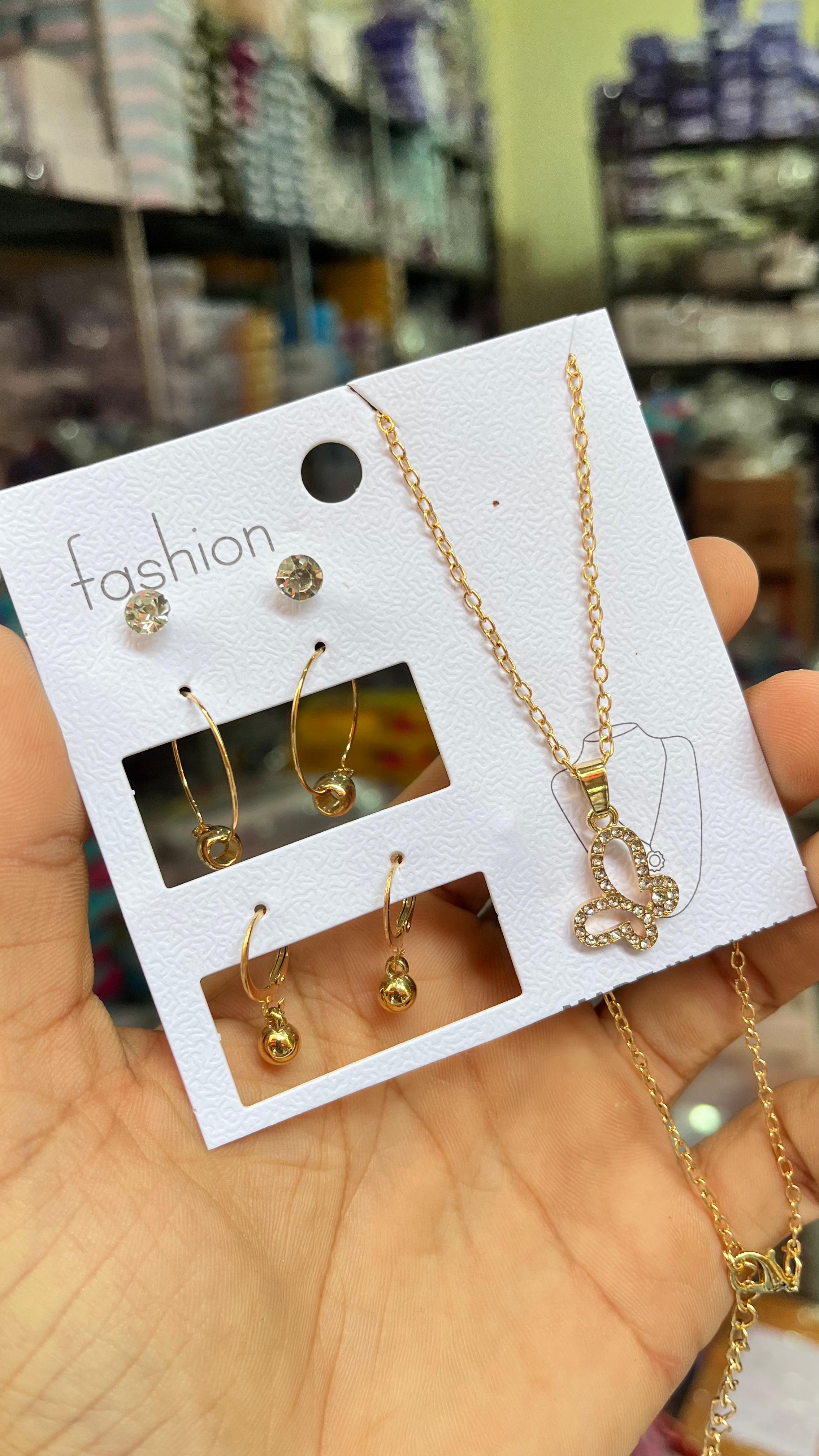 MFJH GOLDEN & STONE CHAIN PENDENT WITH 3 SET EARRINGS COMBO