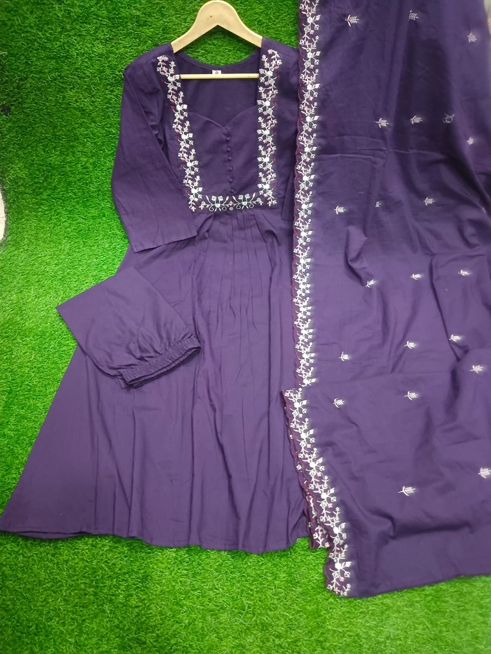 JKM0046  Pure Cotton 60-60 super dyeing kurta with beautiful emb neck yoke & cotton pant with emb full cotton dupatta.