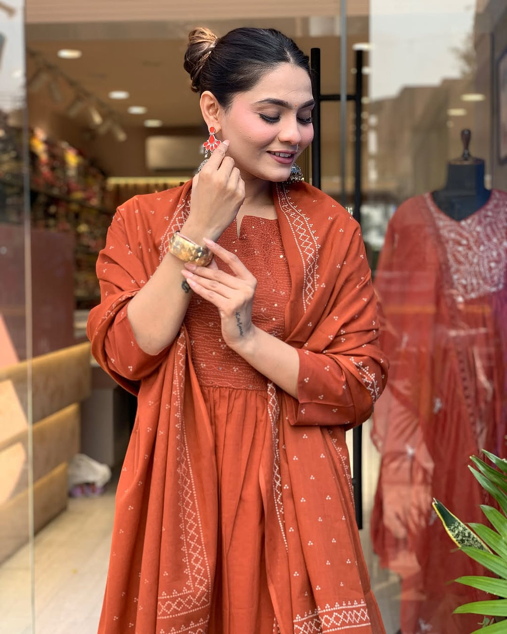 JKM0047 Pure Cotton60-60 super dyeing kurta with silver print with beautiful emb siq neck yoke & cotton pant with silver print full malmal dupatta.