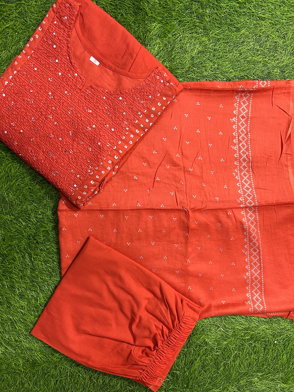 JKM0047 Pure Cotton60-60 super dyeing kurta with silver print with beautiful emb siq neck yoke & cotton pant with silver print full malmal dupatta.