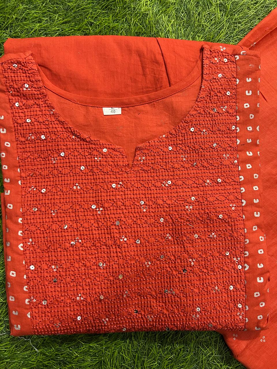 JKM0047 Pure Cotton60-60 super dyeing kurta with silver print with beautiful emb siq neck yoke & cotton pant with silver print full malmal dupatta.