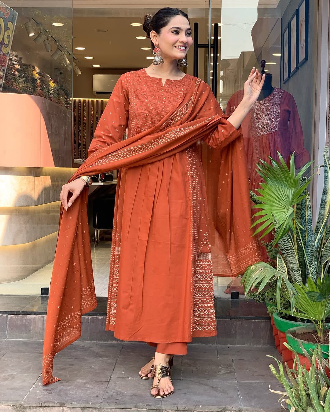 JKM0047 Pure Cotton60-60 super dyeing kurta with silver print with beautiful emb siq neck yoke & cotton pant with silver print full malmal dupatta.