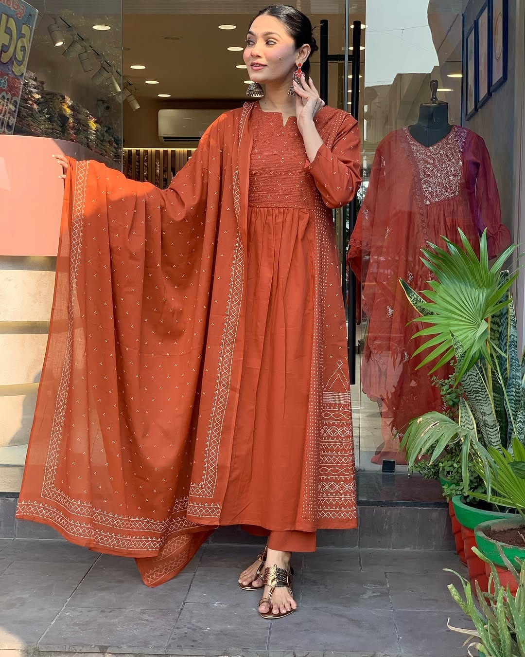 JKM0047 Pure Cotton60-60 super dyeing kurta with silver print with beautiful emb siq neck yoke & cotton pant with silver print full malmal dupatta.