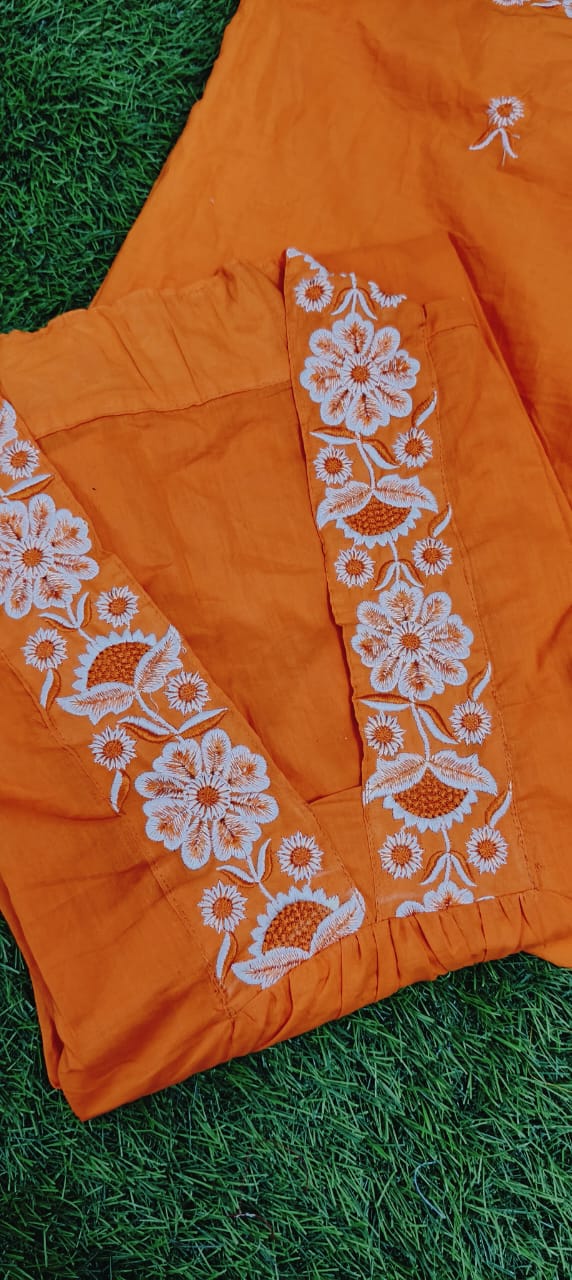 JKM0049 Pure Cotton60-60 super dyeing kurta with beautiful emb neck yoke & cotton pant with emb full malmal cotton dupatta.