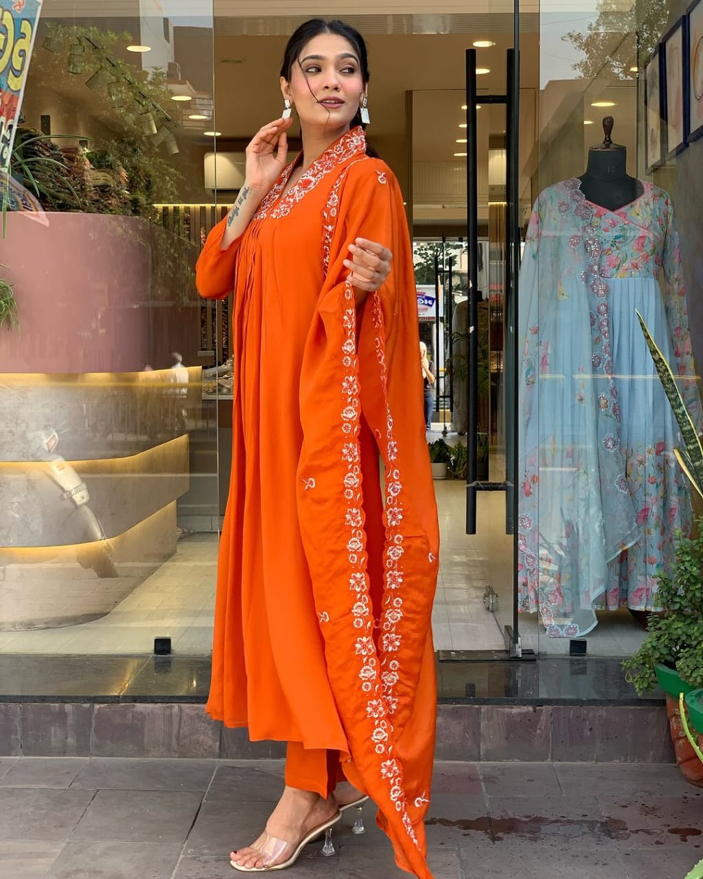JKM0049 Pure Cotton60-60 super dyeing kurta with beautiful emb neck yoke & cotton pant with emb full malmal cotton dupatta.