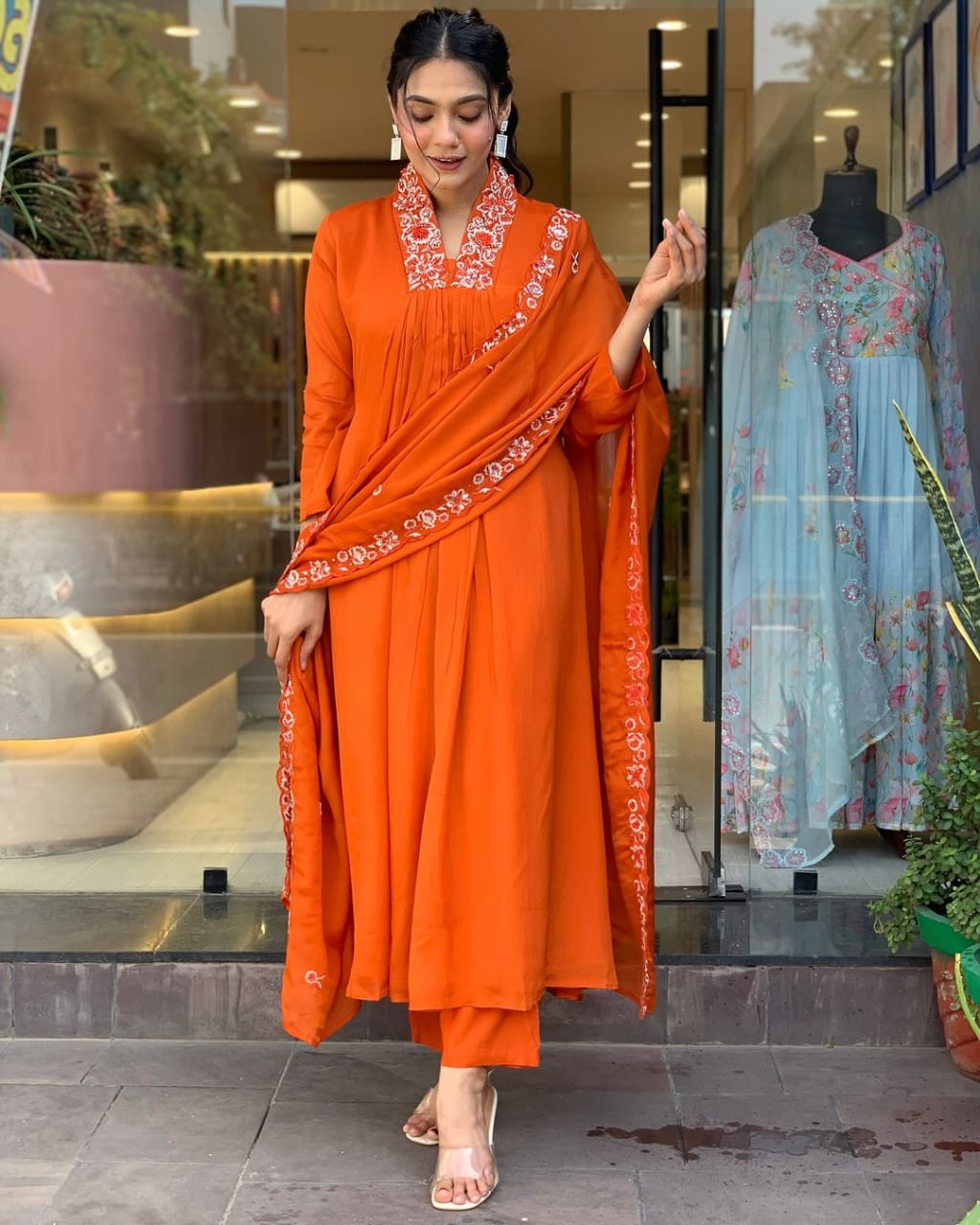 JKM0049 Pure Cotton60-60 super dyeing kurta with beautiful emb neck yoke & cotton pant with emb full malmal cotton dupatta.