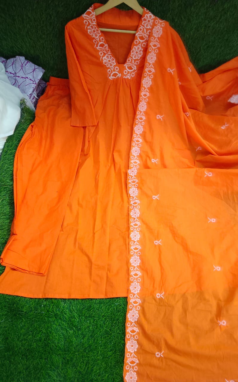 JKM0049 Pure Cotton60-60 super dyeing kurta with beautiful emb neck yoke & cotton pant with emb full malmal cotton dupatta.