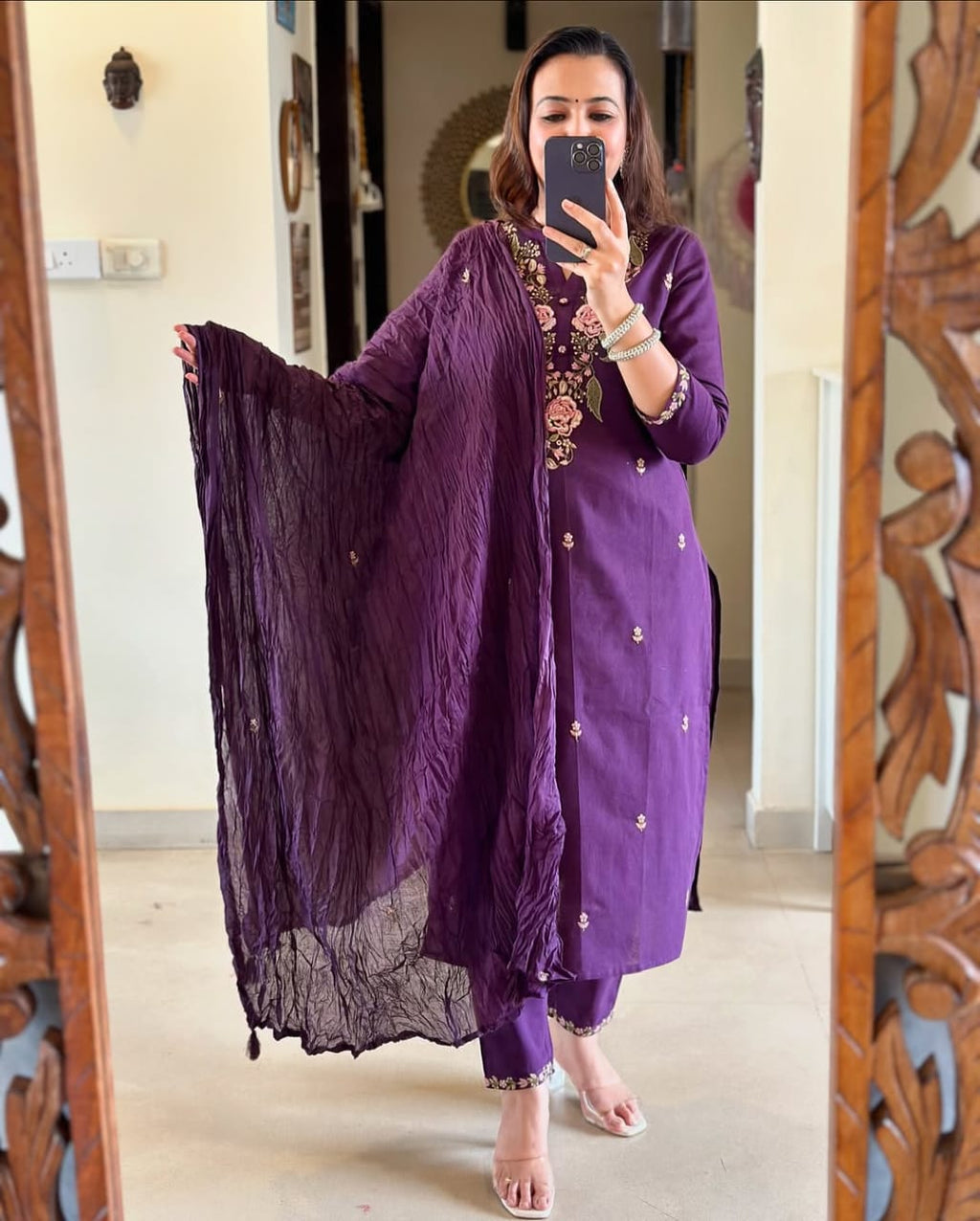 JKM0051 Beautiful pure cotton 60-60 super dying embroidery suit set paired up with cotton pant and malmal cotton dupatta with tussles.