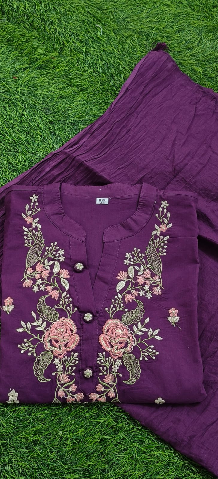 JKM0051 Beautiful pure cotton 60-60 super dying embroidery suit set paired up with cotton pant and malmal cotton dupatta with tussles.