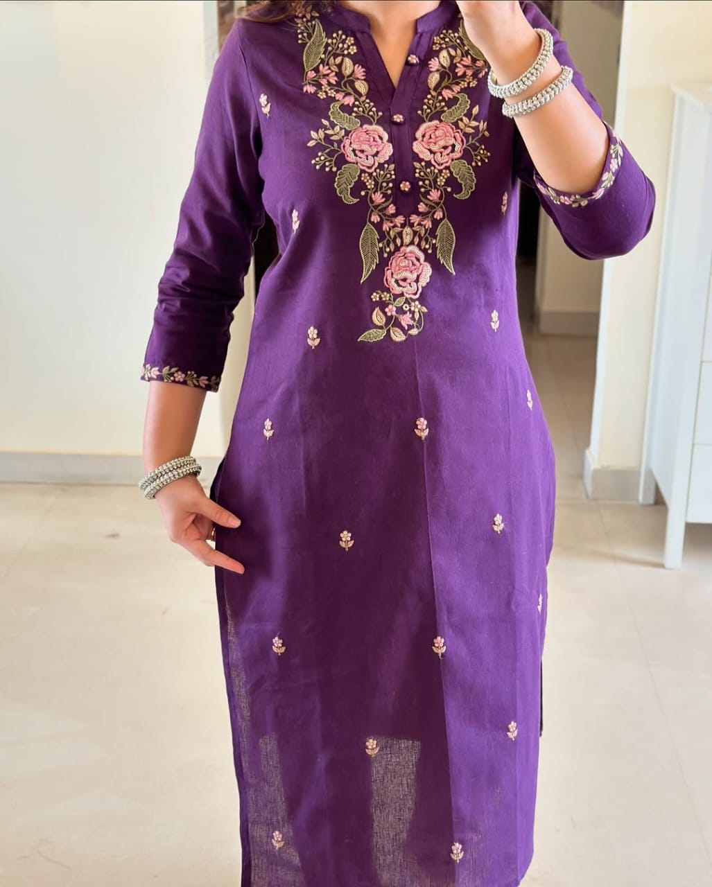 JKM0051 Beautiful pure cotton 60-60 super dying embroidery suit set paired up with cotton pant and malmal cotton dupatta with tussles.