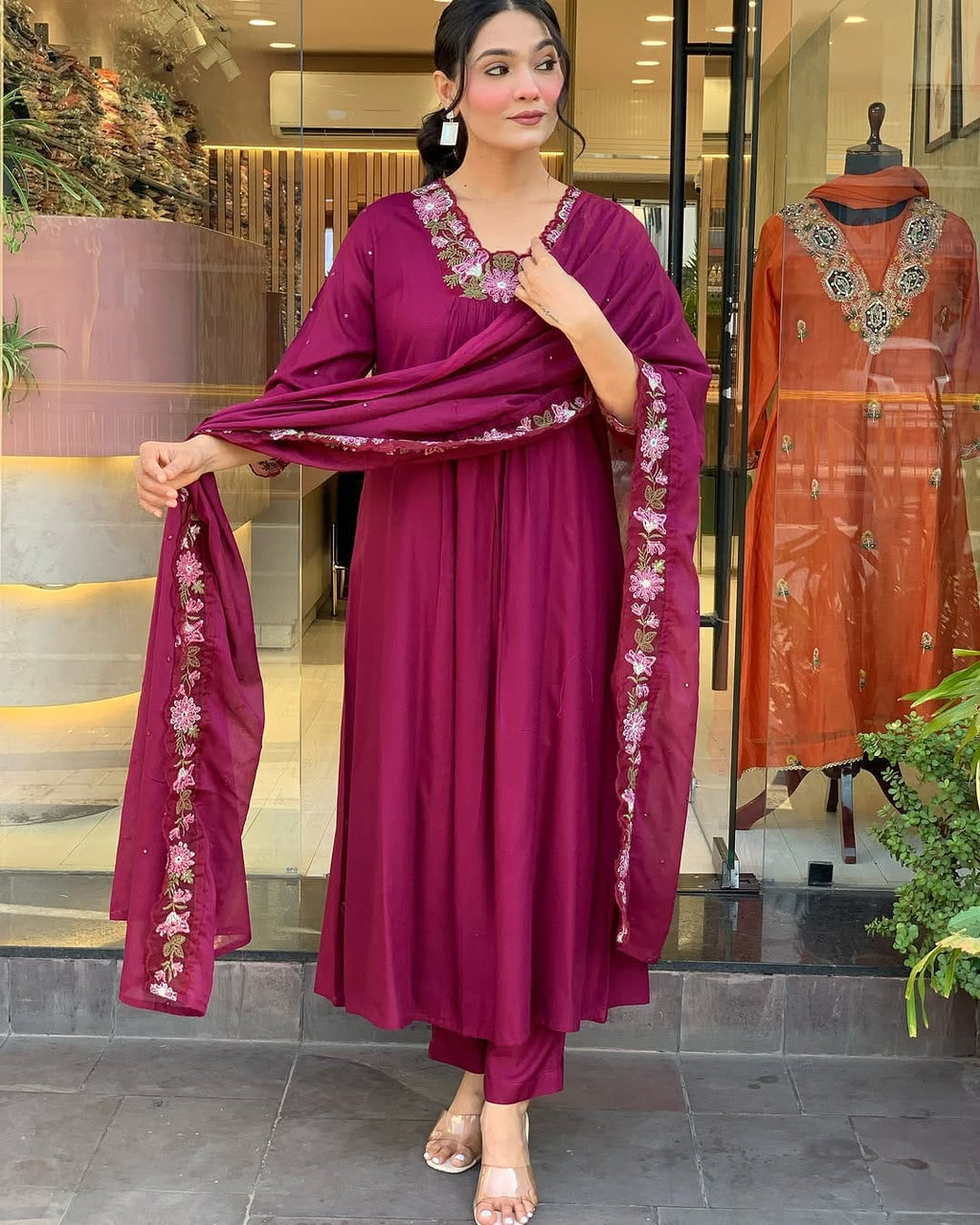 JKM0052 Pure Cotton60-60 super dyeing quality kurta with beautiful emb neck yoke & selves. cotton pant with emb full malmal cotton dupatta.