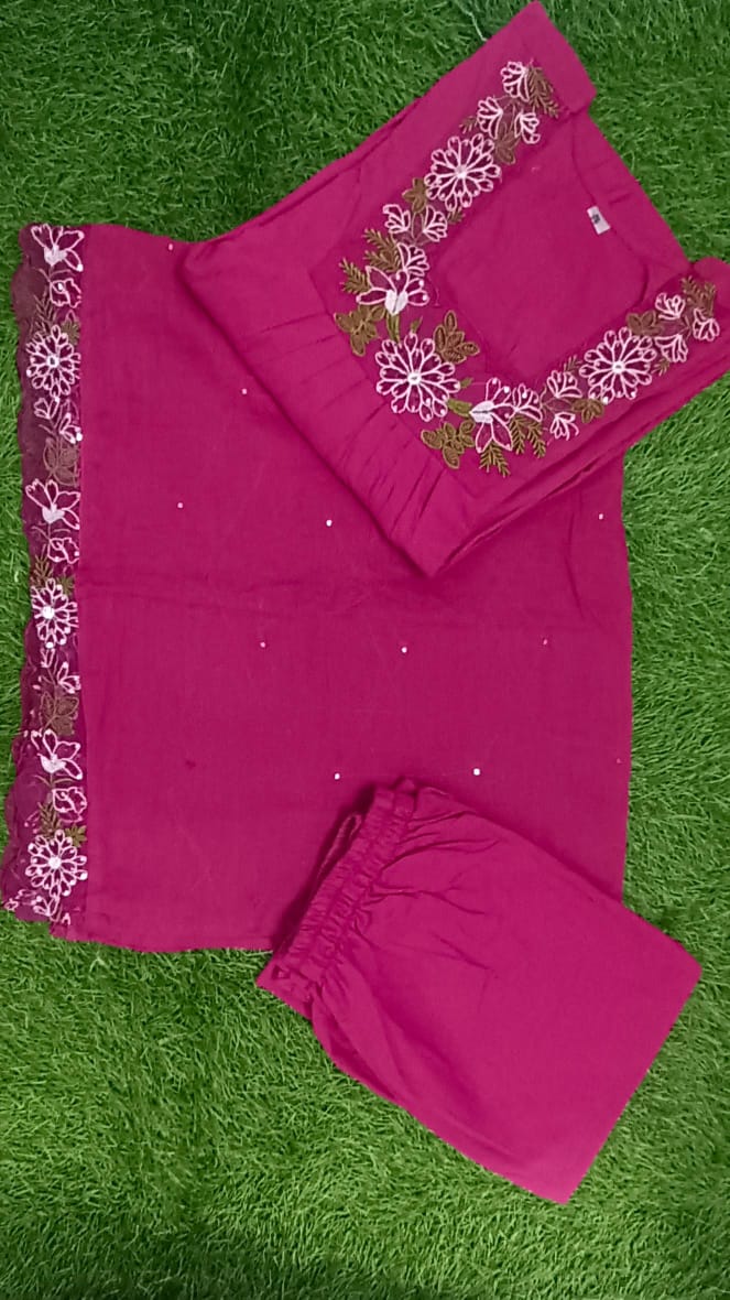 JKM0052 Pure Cotton60-60 super dyeing quality kurta with beautiful emb neck yoke & selves. cotton pant with emb full malmal cotton dupatta.