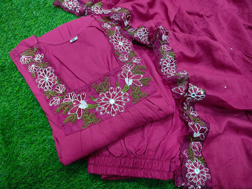 JKM0052 Pure Cotton60-60 super dyeing quality kurta with beautiful emb neck yoke & selves. cotton pant with emb full malmal cotton dupatta.