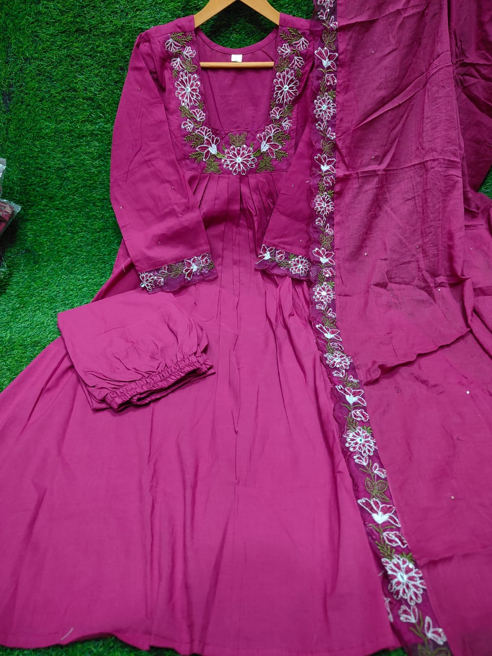 JKM0052 Pure Cotton60-60 super dyeing quality kurta with beautiful emb neck yoke & selves. cotton pant with emb full malmal cotton dupatta.