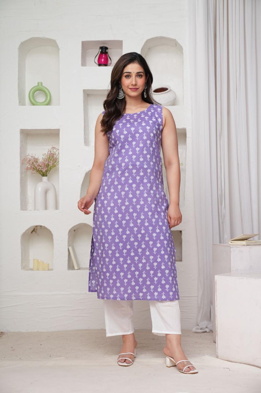 JKM0054 BEAUTIFUL COTTON PRINTED SLEEVELESS KURTI WITH PANT.