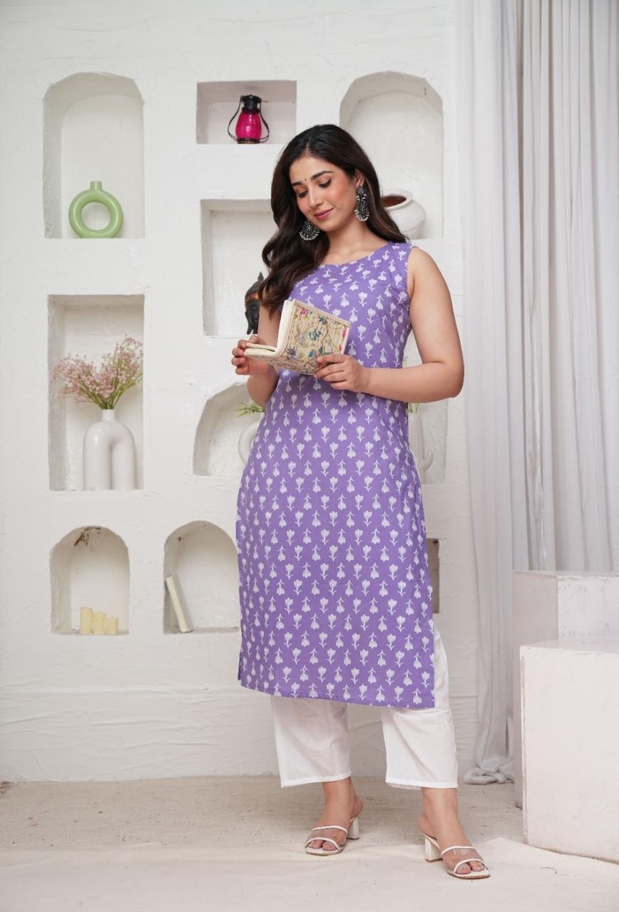 JKM0054 BEAUTIFUL COTTON PRINTED SLEEVELESS KURTI WITH PANT.