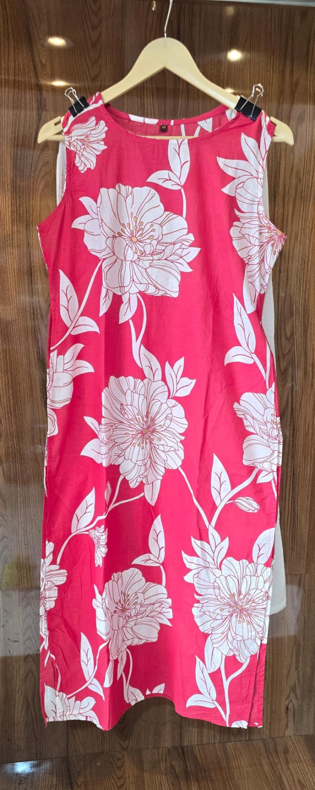 JKM0054 BEAUTIFUL COTTON PRINTED SLEEVELESS KURTI WITH PANT.