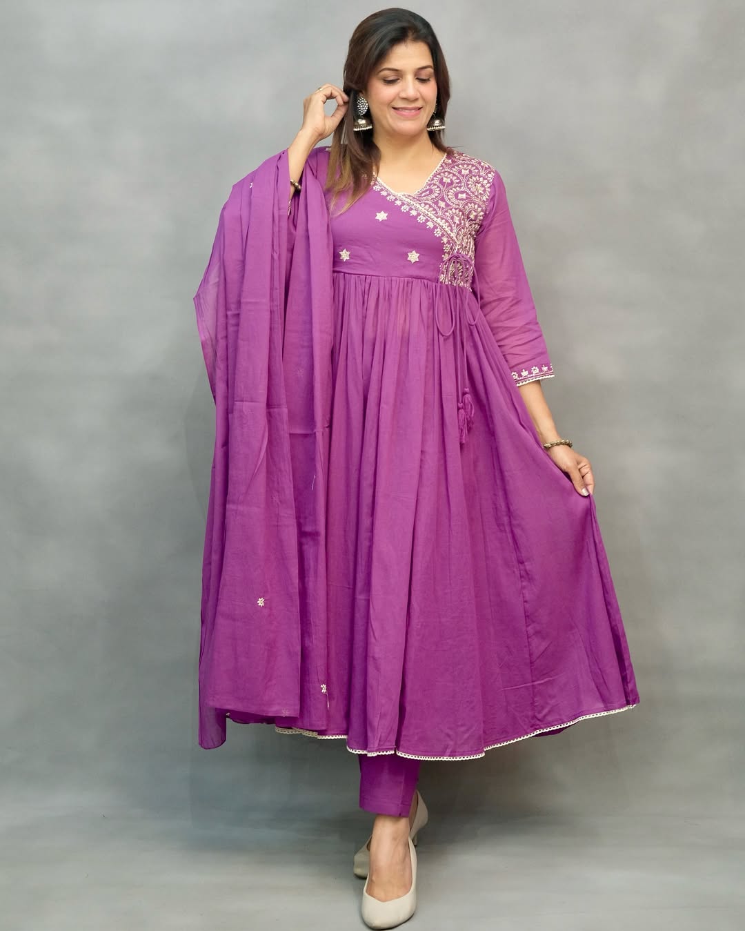 JKM0057  Beautiful cotton fabric Angrakha kurti pant and dupatta.