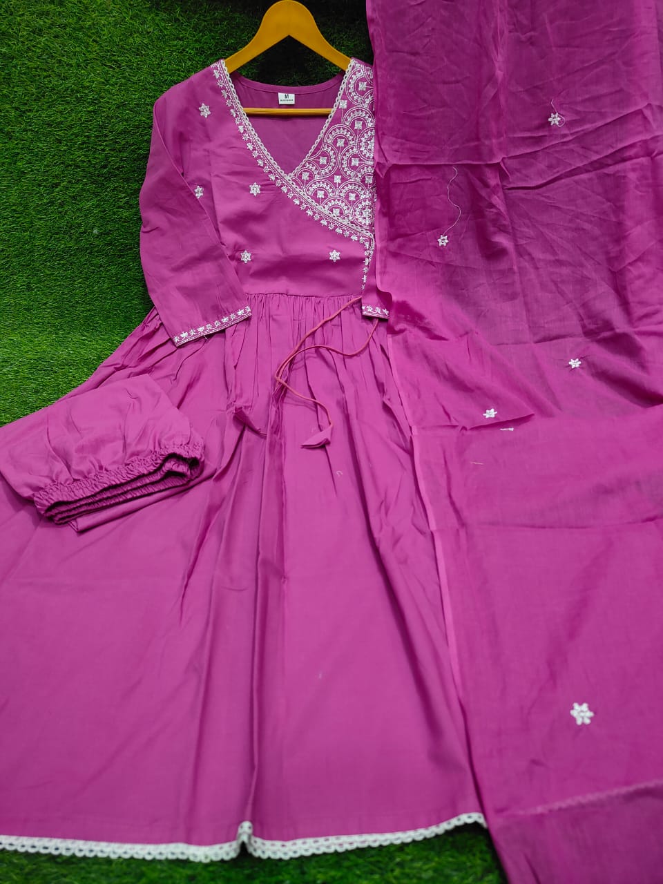 JKM0057  Beautiful cotton fabric Angrakha kurti pant and dupatta.