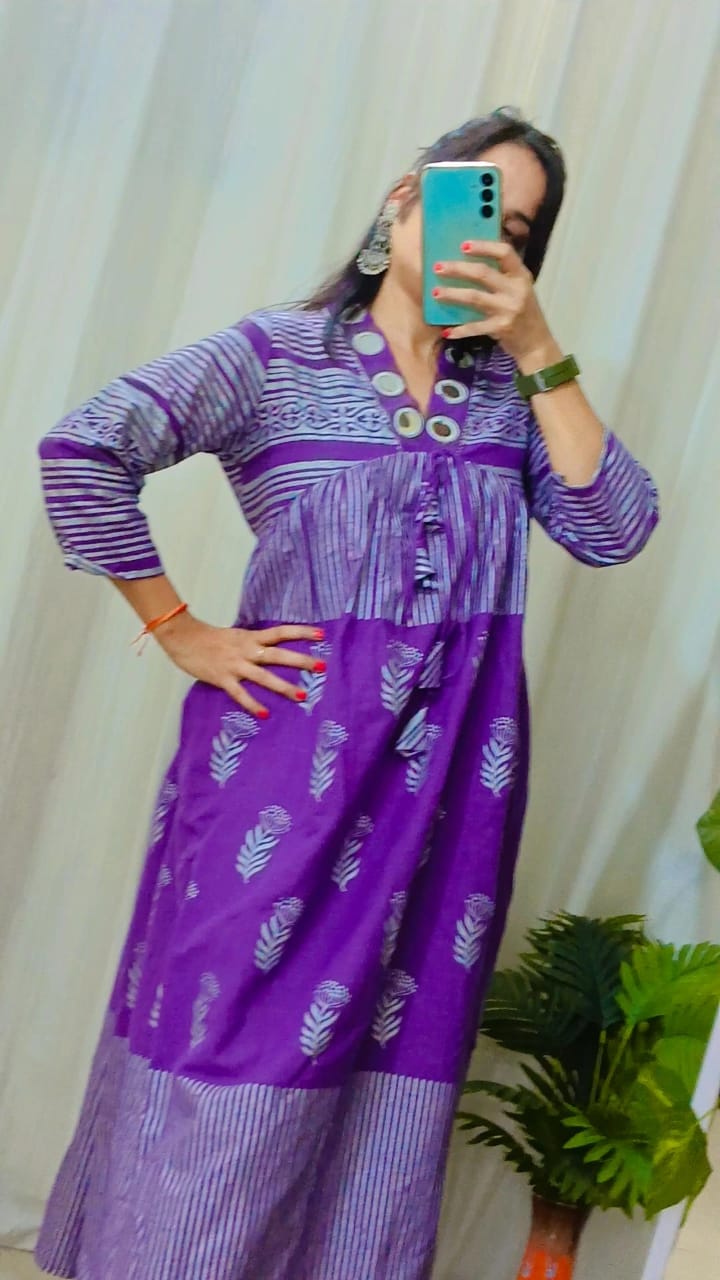 RHS0020 Purple Anarkali crafted from pure cotton fabric with Jaipuri hand block prints