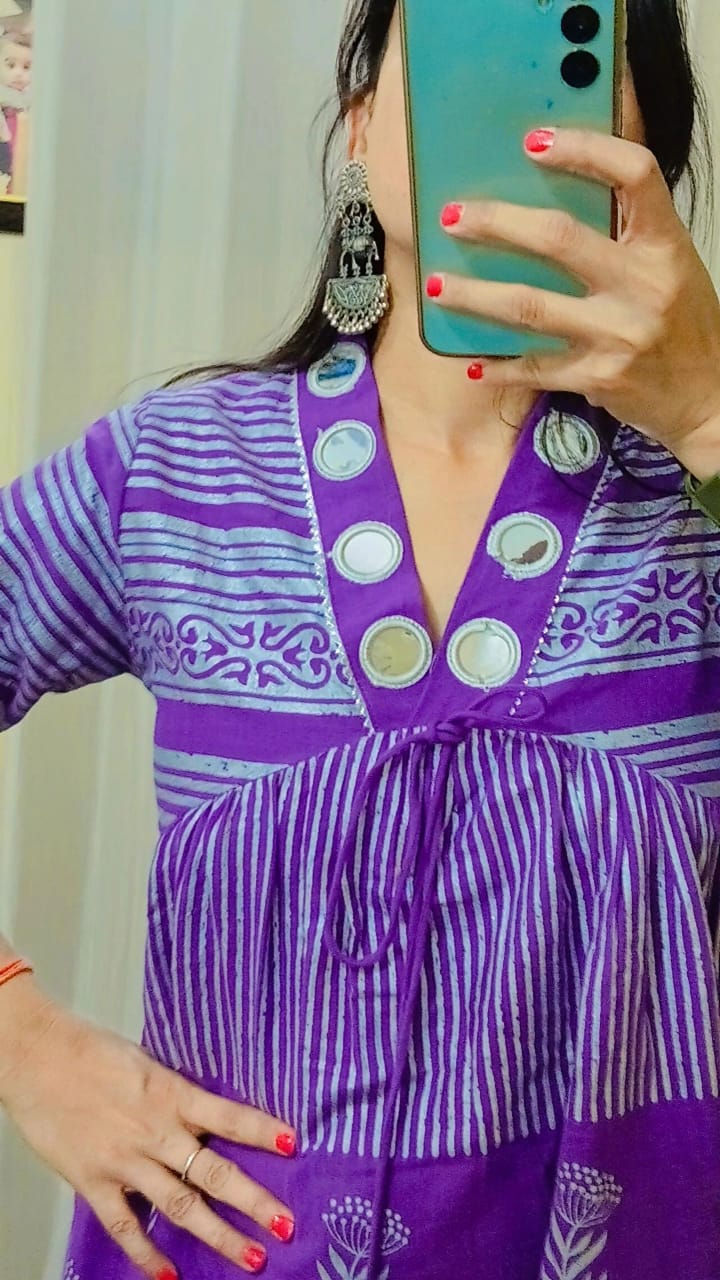 RHS0020 Purple Anarkali crafted from pure cotton fabric with Jaipuri hand block prints
