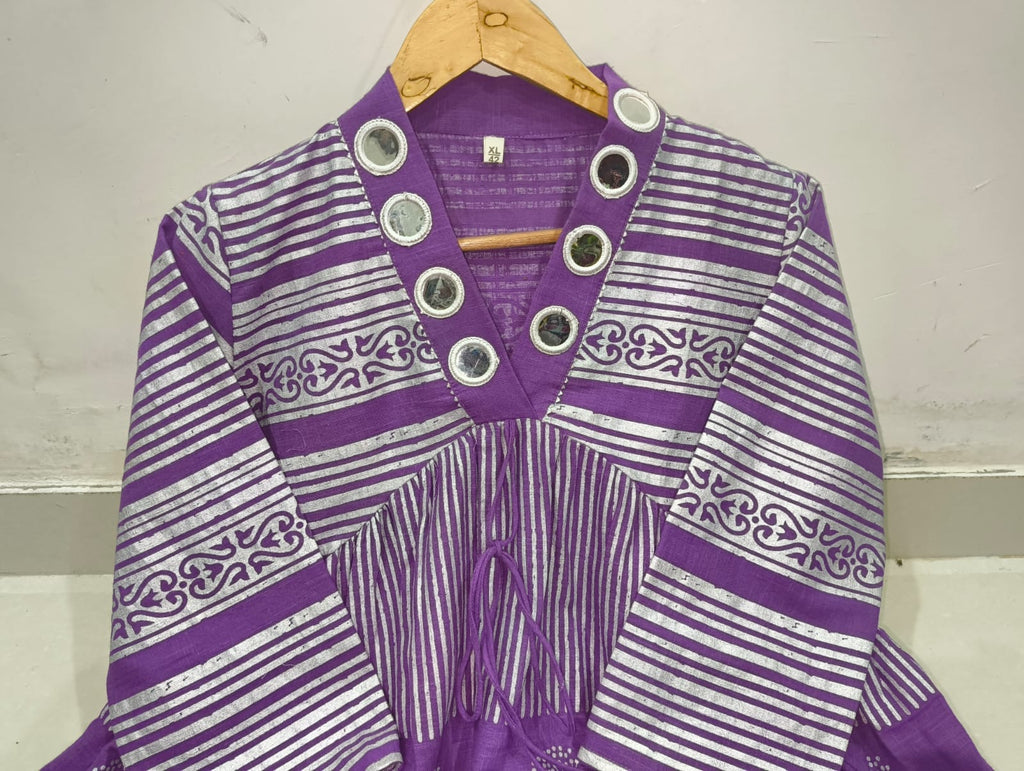 RHS0020 Purple Anarkali crafted from pure cotton fabric with Jaipuri hand block prints