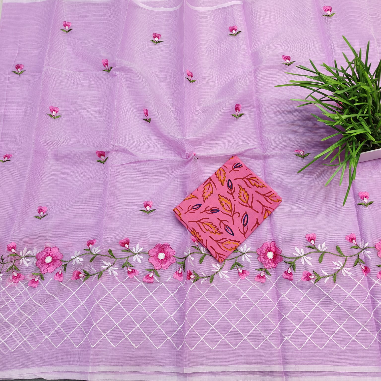 SC0015 Kota Doria Embroidery Saree, crafted with computerized embroidery for precise and intricate designs