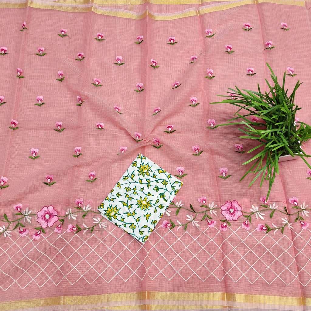 SC0015 Kota Doria Embroidery Saree, crafted with computerized embroidery for precise and intricate designs